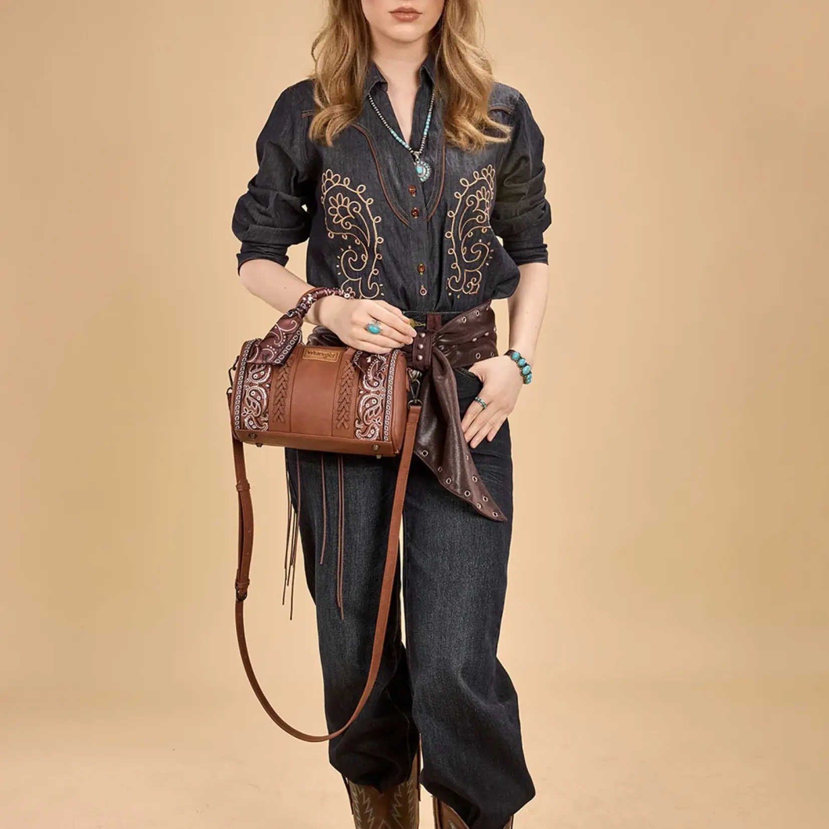 Wrangler WG331-9012BR - Brown - Wrangler Braided Paisley Bandana Boston Bag