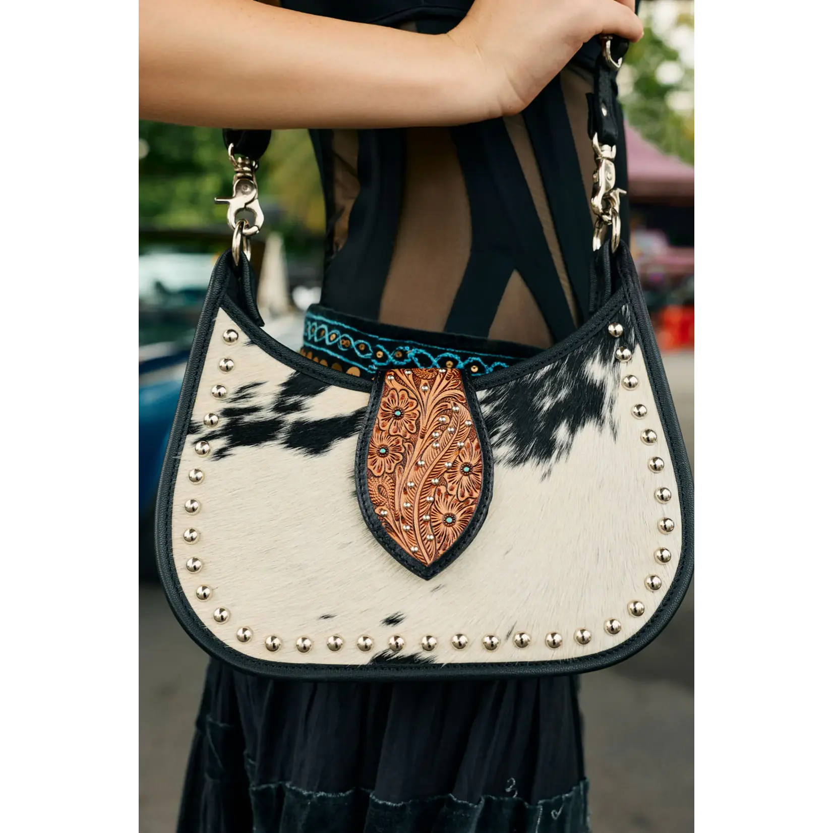 Myra Bags S-14360 Santa Fe Handtooled Bag - Black Hairon - 2026