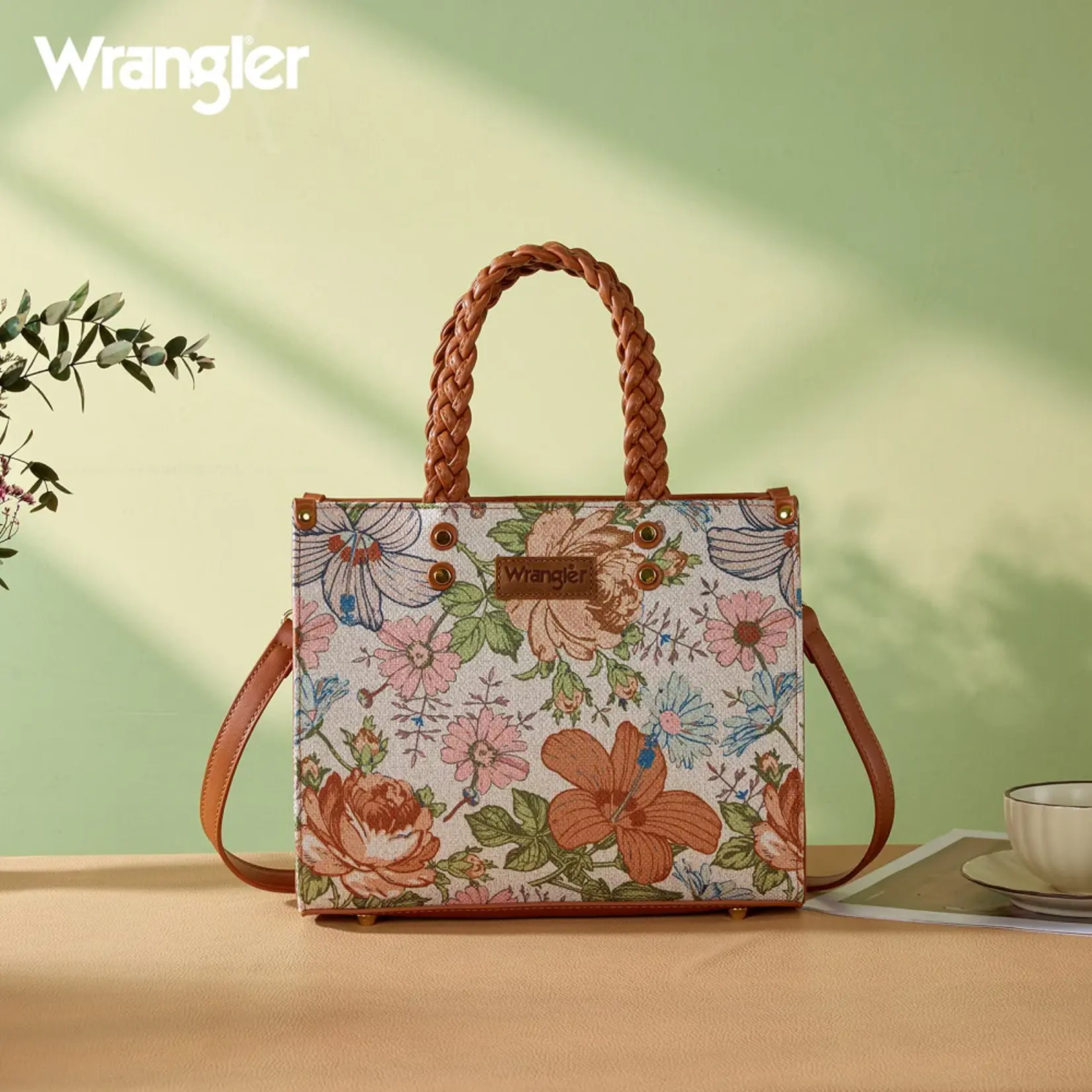 Wrangler WG438-8120BR - Brown - Wrangler Floral Print Braided Tote