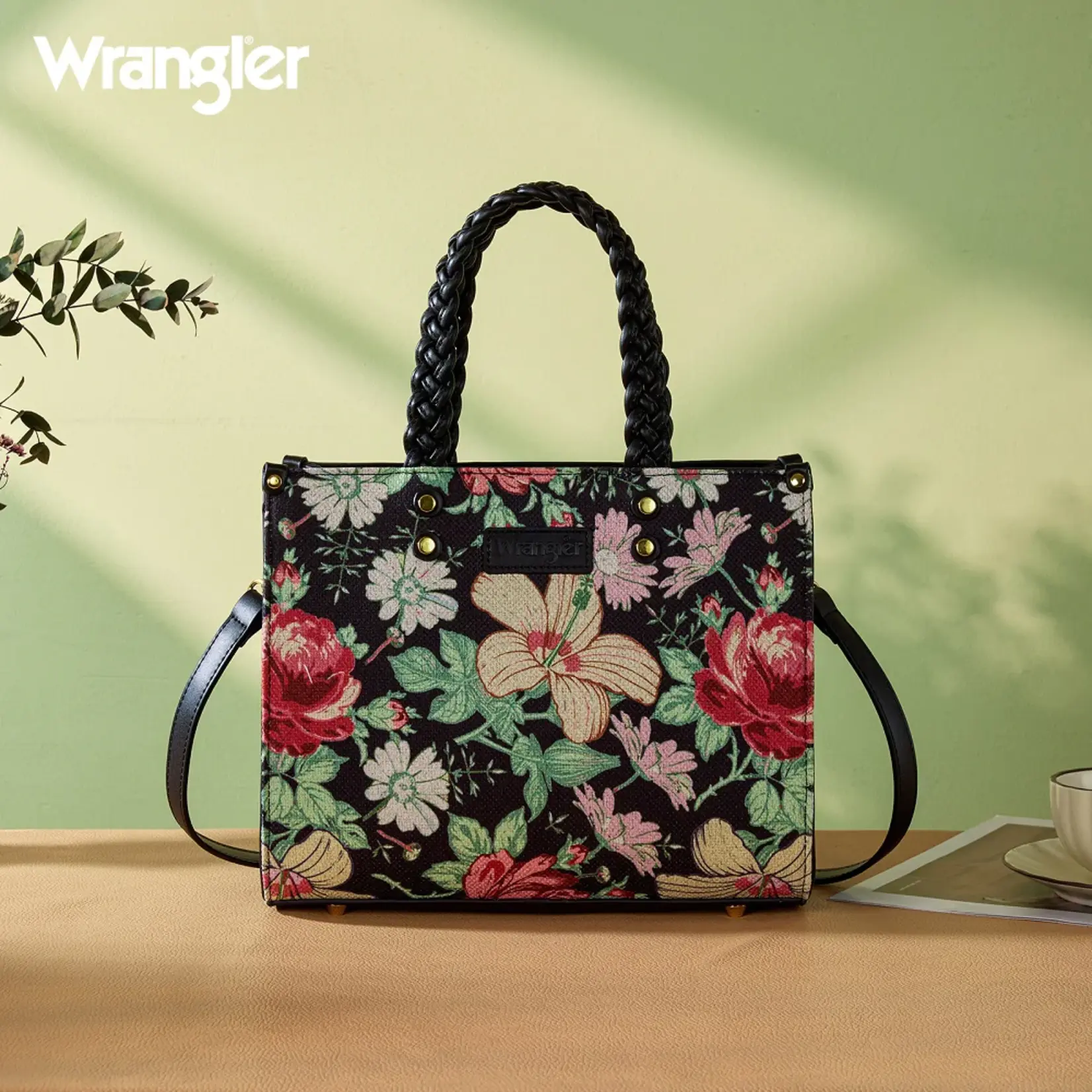 Wrangler WG438-8120BK - Black - Wrangler Floral Print Braided Tote