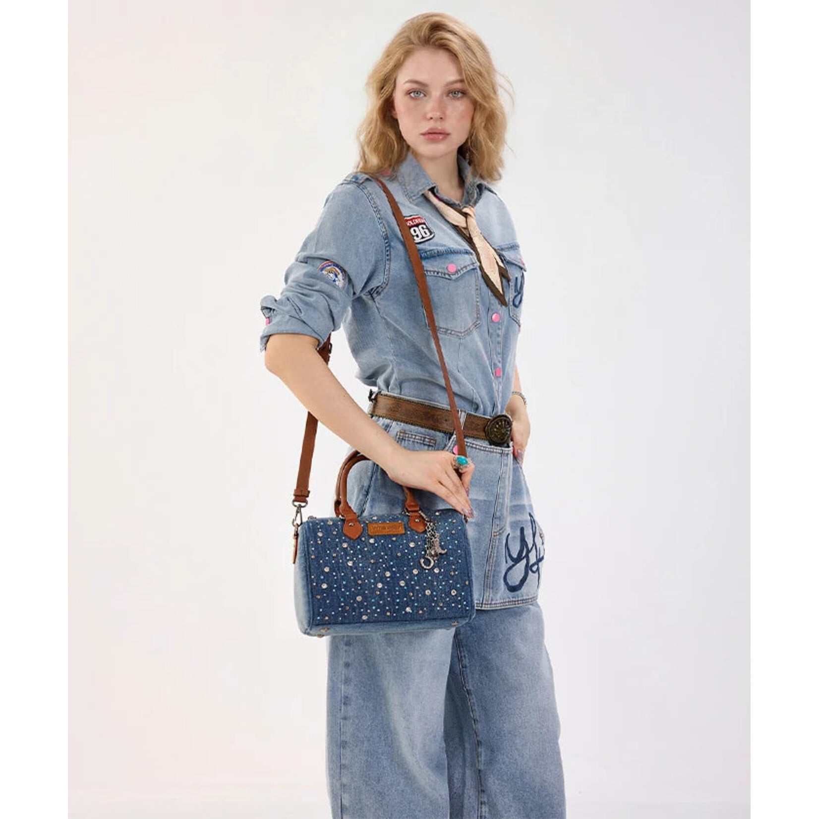 Wrangler WG458-51102DJN - Dark Jean - Wrangler Rhinestone Denim Boston Bag / Crossbody