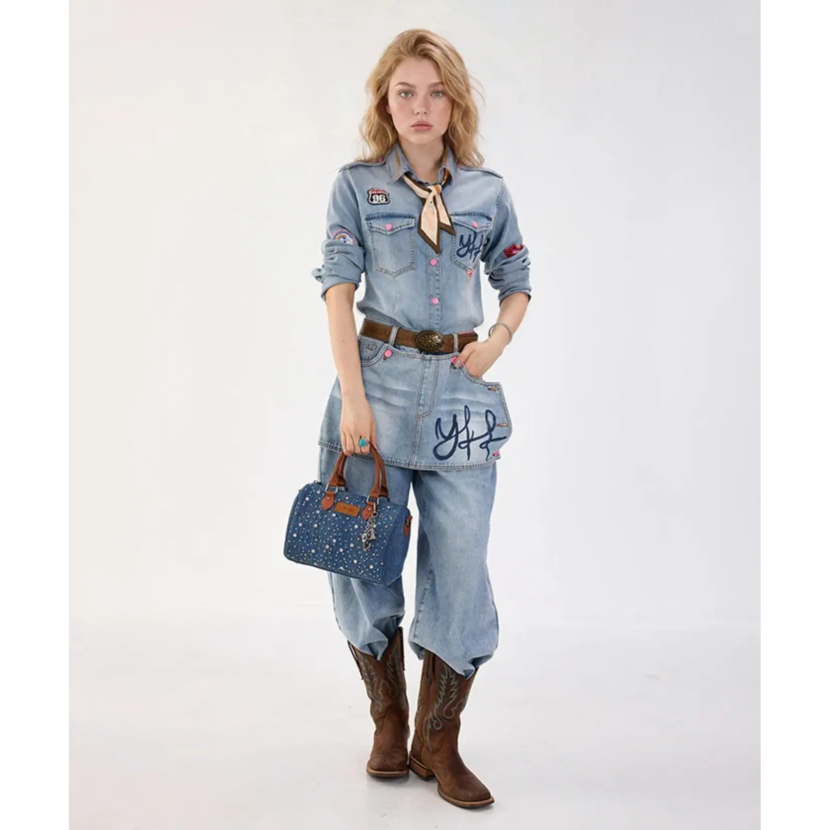 Wrangler WG458-51102DJN - Dark Jean - Wrangler Rhinestone Denim Boston Bag / Crossbody