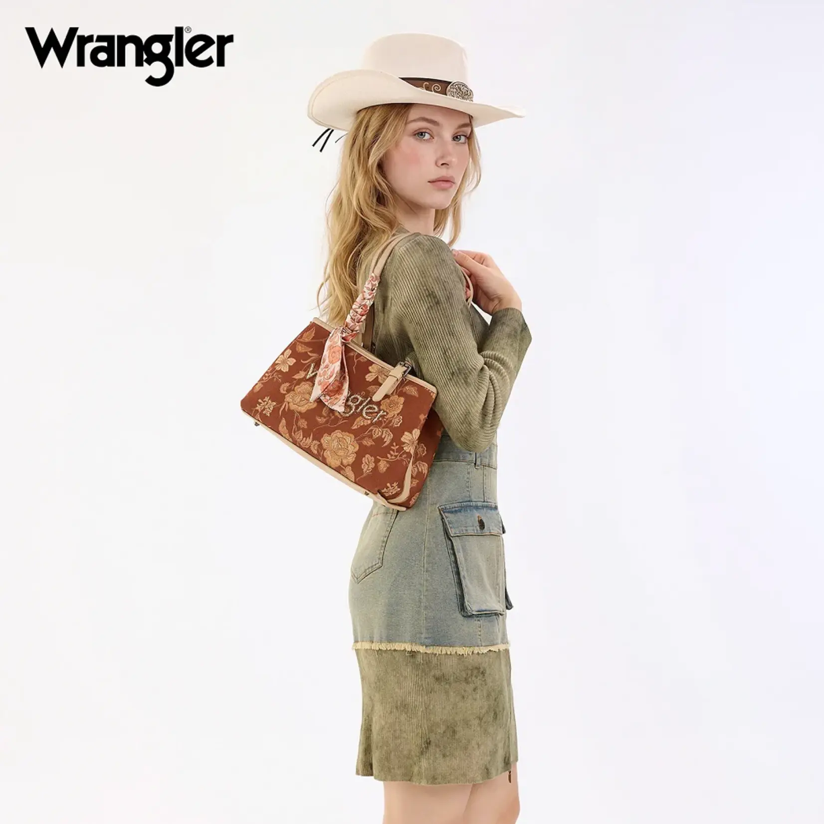 Wrangler WG510-8130BR - Brown - Wrangler Floral Braided Scarf Tote / Crossbody Bag
