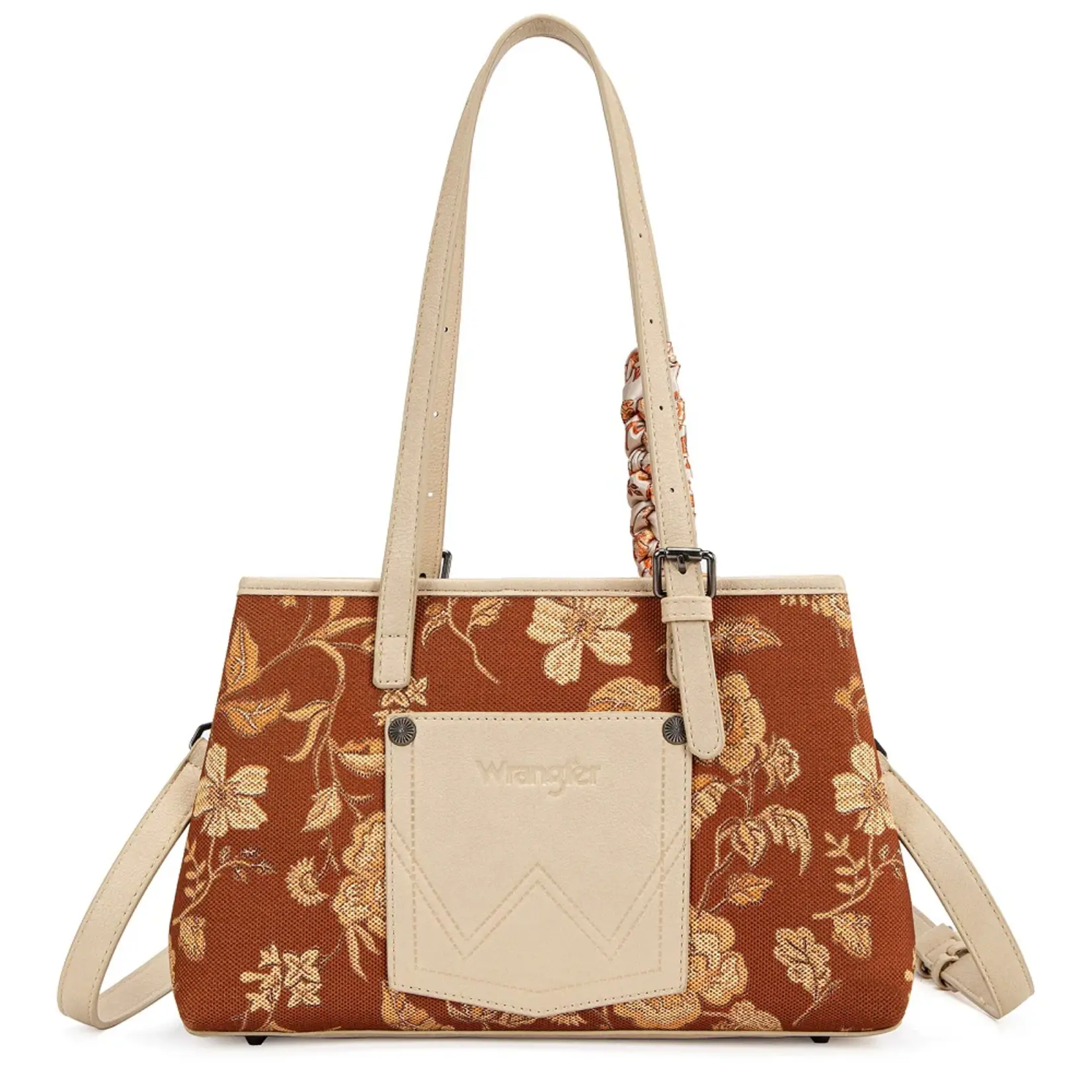 Wrangler WG510-8130BR - Brown - Wrangler Floral Braided Scarf Tote / Crossbody Bag