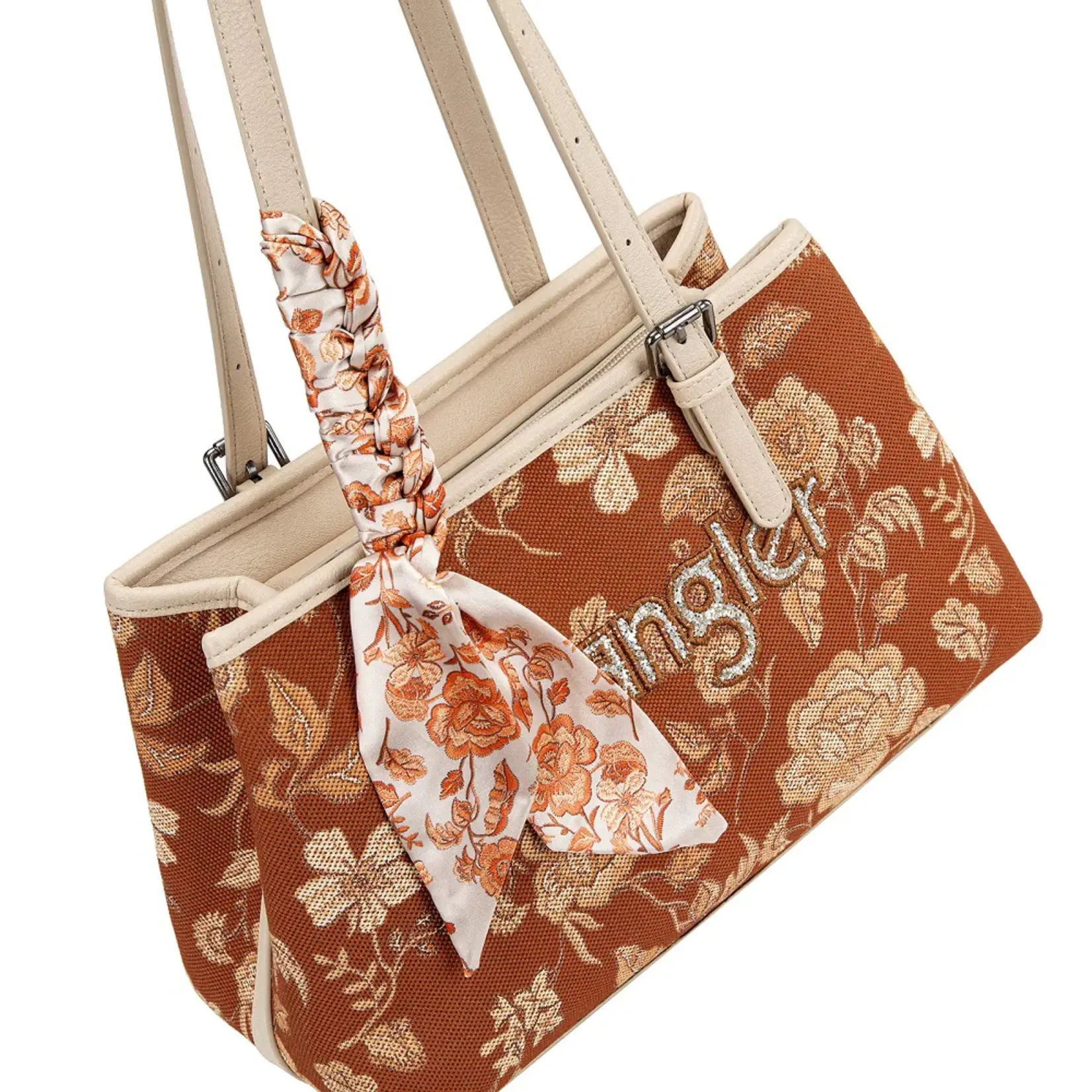 Wrangler WG510-8130BR - Brown - Wrangler Floral Braided Scarf Tote / Crossbody Bag