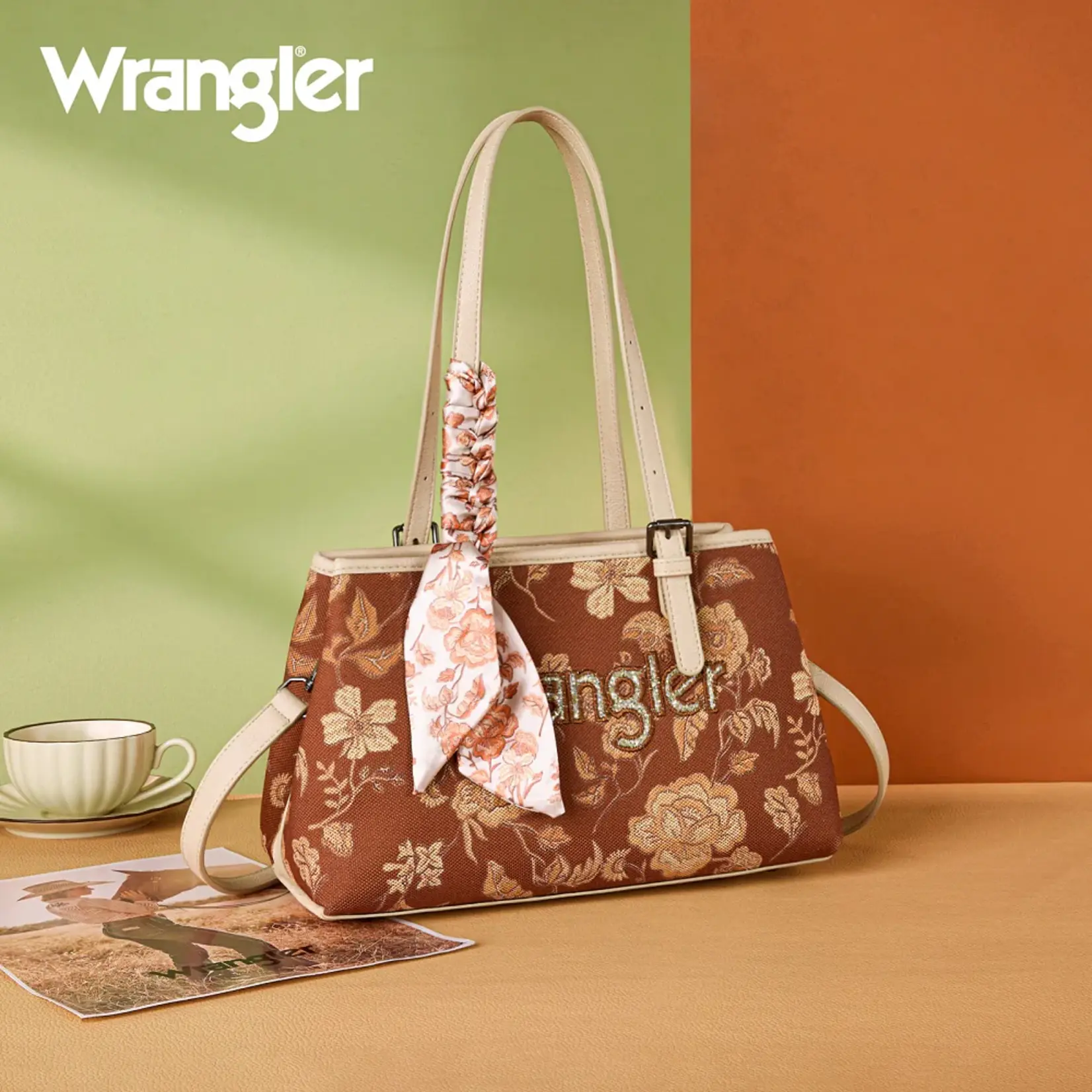 Wrangler WG510-8130BR - Brown - Wrangler Floral Braided Scarf Tote / Crossbody Bag