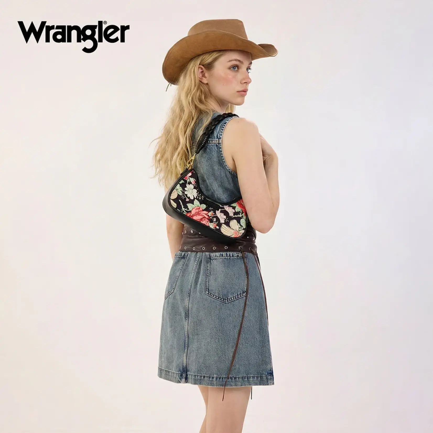 Wrangler WG438-818BK - Black - Wrangler Floral Print Braided Hobo Bag