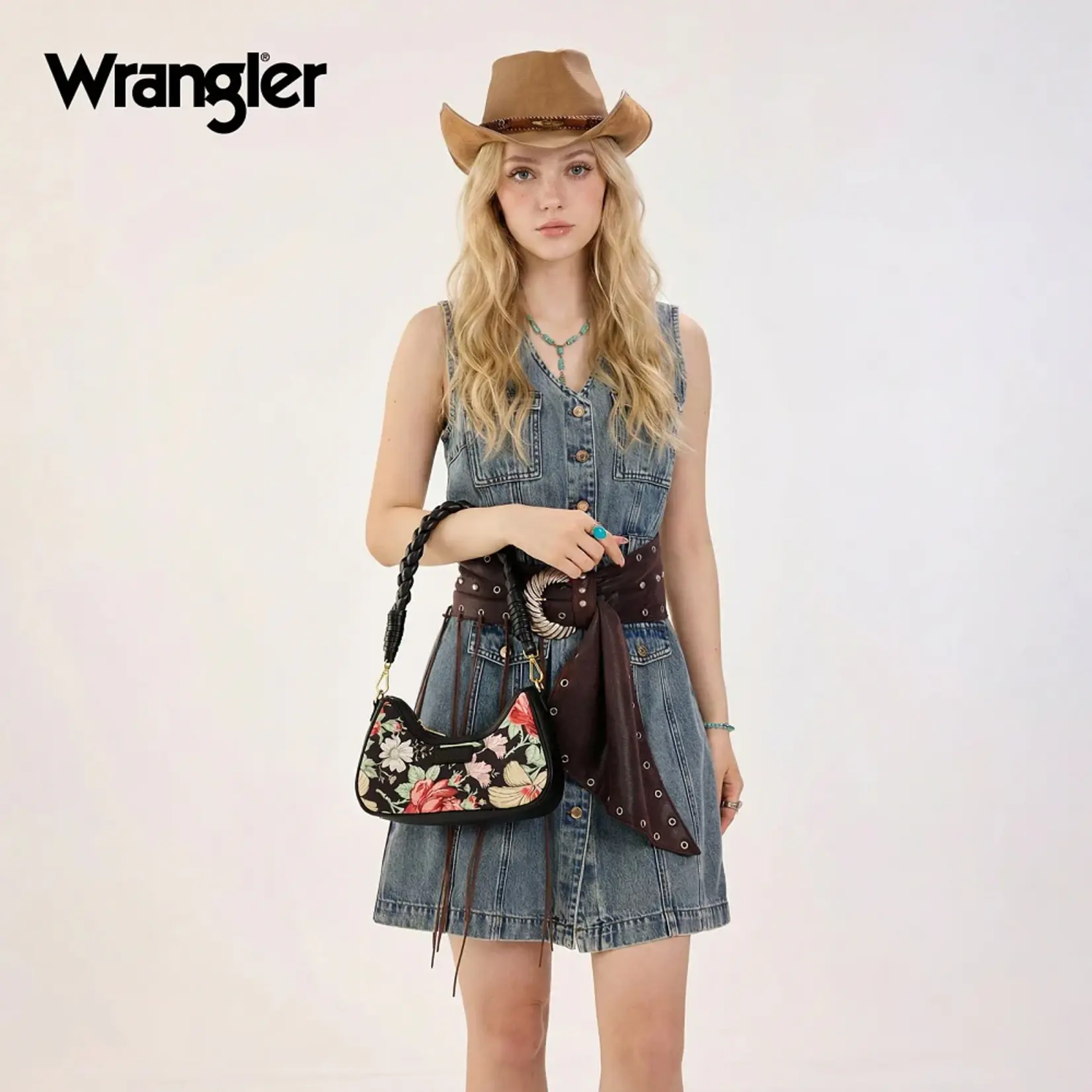 Wrangler WG438-818BK - Black - Wrangler Floral Print Braided Hobo Bag