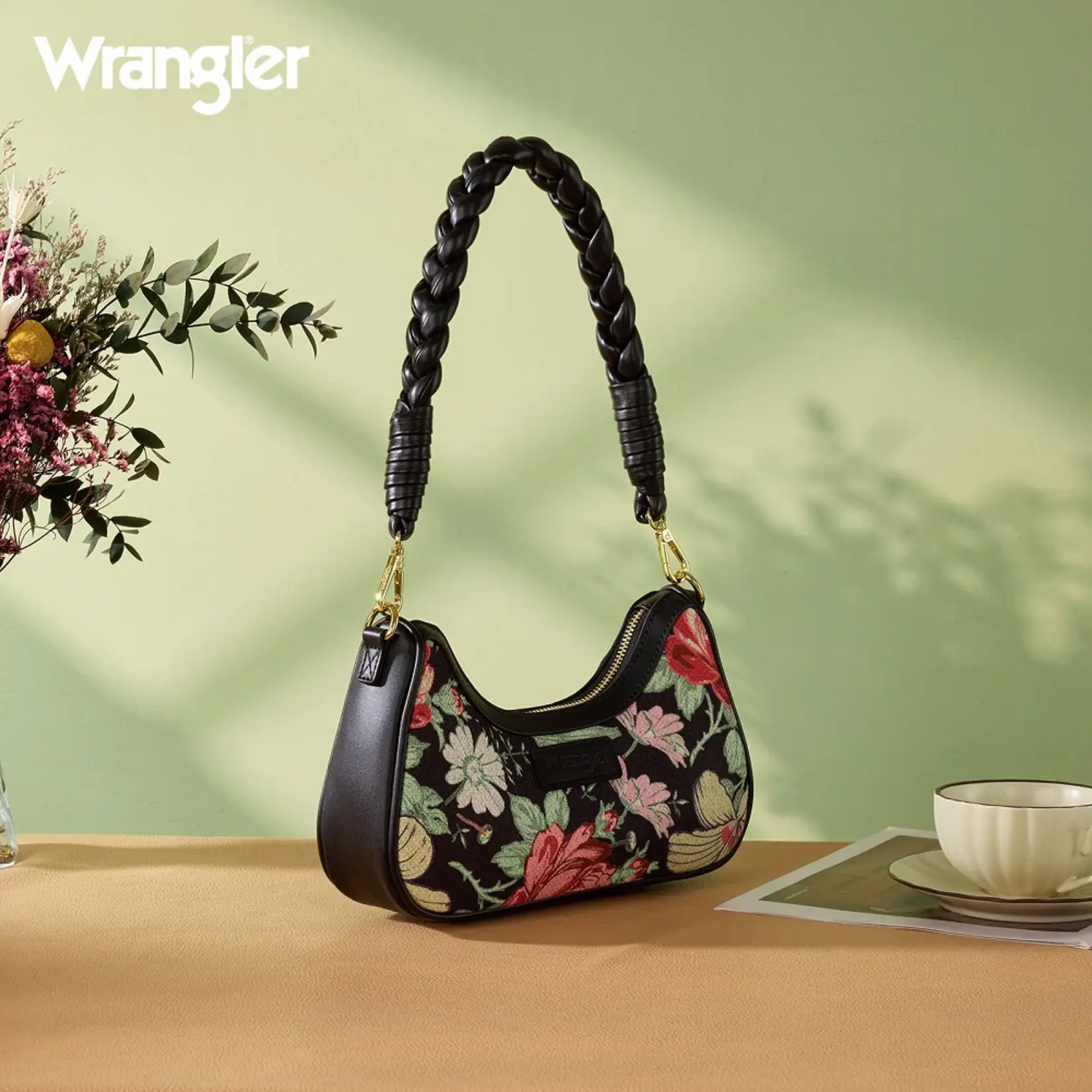 Wrangler WG438-818BK - Black - Wrangler Floral Print Braided Hobo Bag