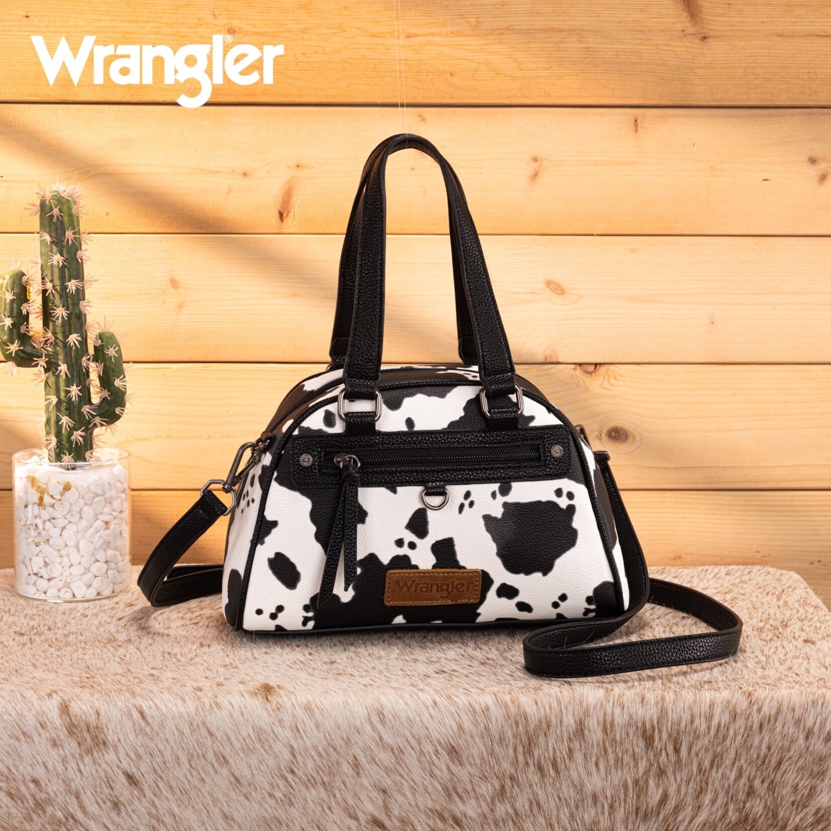 Wrangler WG399-5112BK-COW - Black Cow - Wrangler Cow Print Satchel/Crossbody Bag