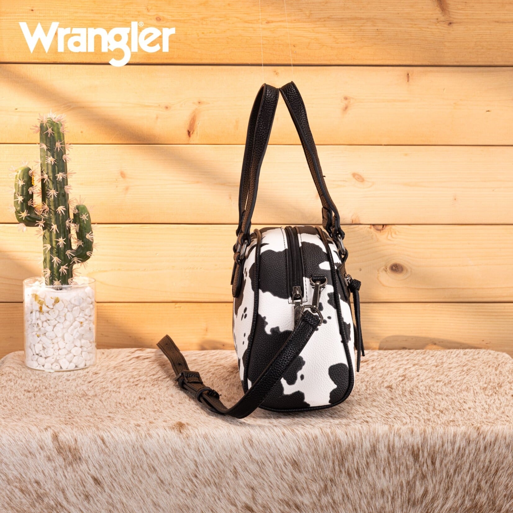 Wrangler WG399-5112BK-COW - Black Cow - Wrangler Cow Print Satchel/Crossbody Bag