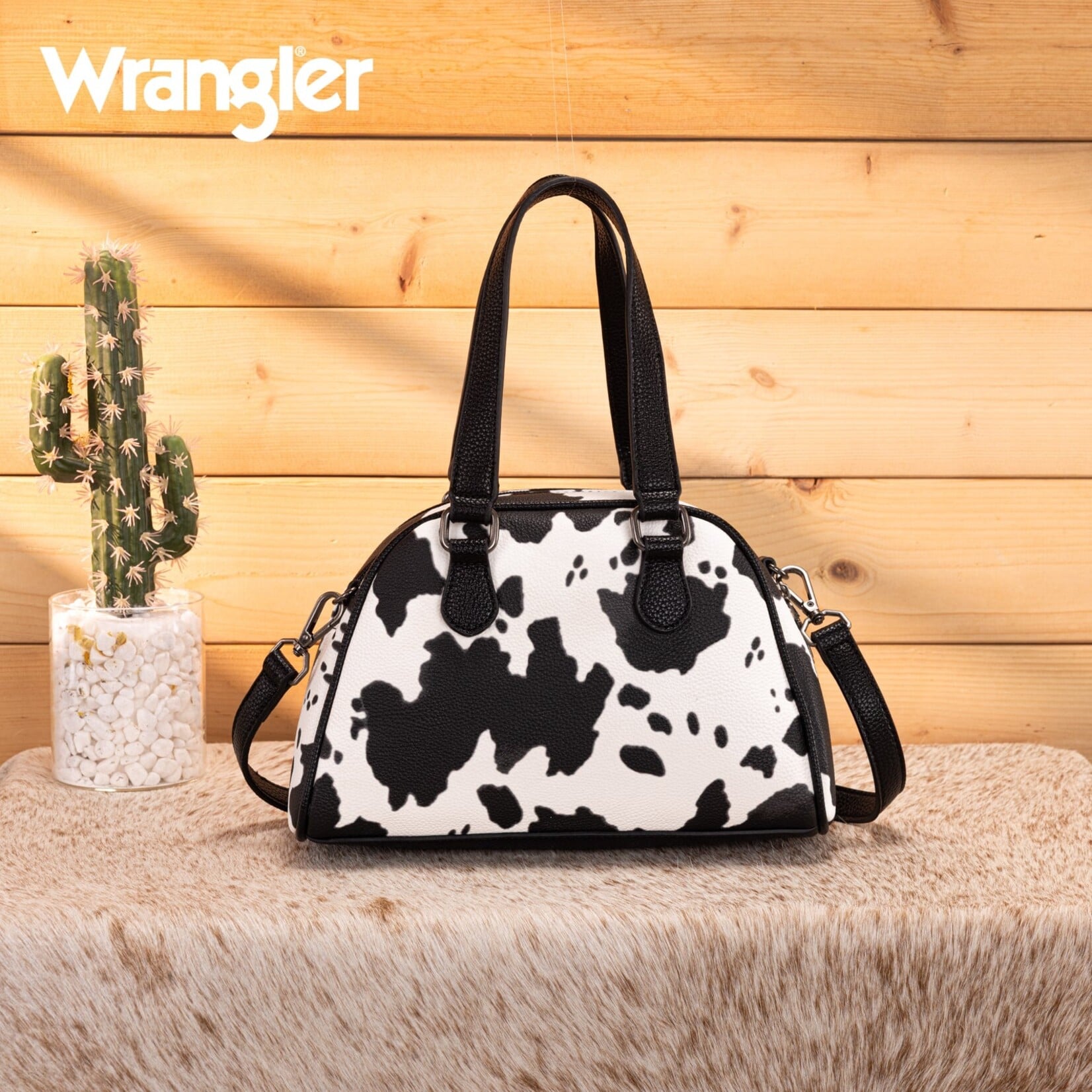 Wrangler WG399-5112BK-COW - Black Cow - Wrangler Cow Print Satchel/Crossbody Bag