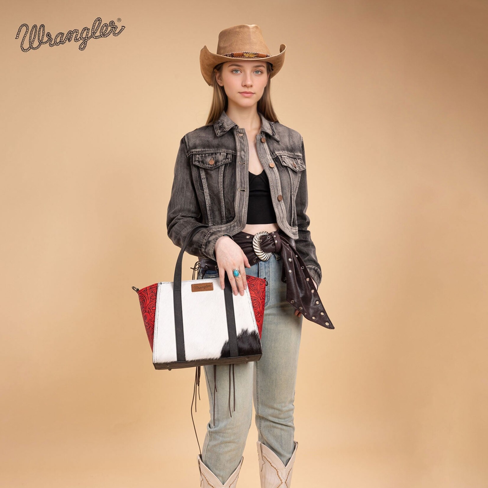 Wrangler WG252-8012RD - Red - Wrangler Genuine Hair-On Cowhide Tote/Crossbody