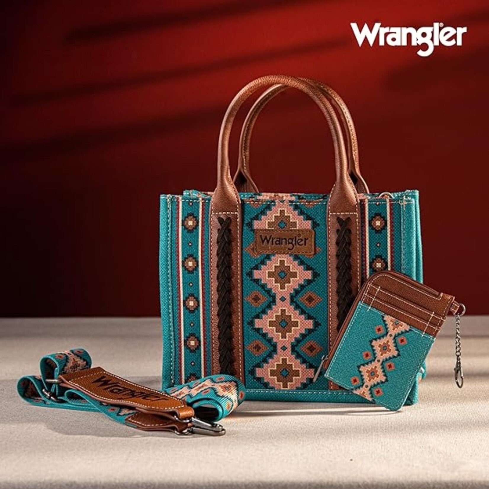 Wrangler WG2203-8120SWTQ - Turquoise - Wrangler Aztec Small Tote/Crossbody and Card Case Set 2Pc