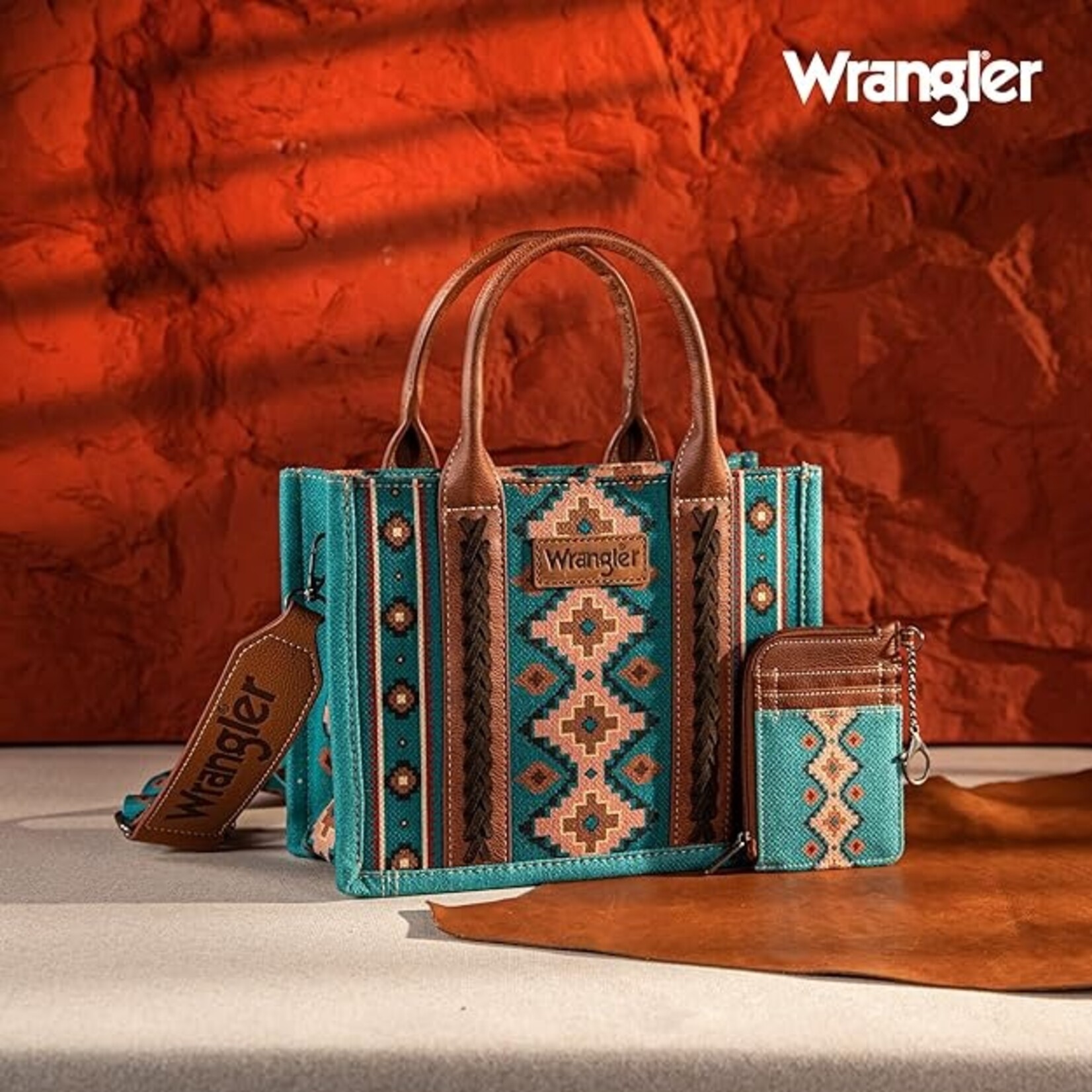 Wrangler WG2203-8120SWTQ - Turquoise - Wrangler Aztec Small Tote/Crossbody and Card Case Set 2Pc