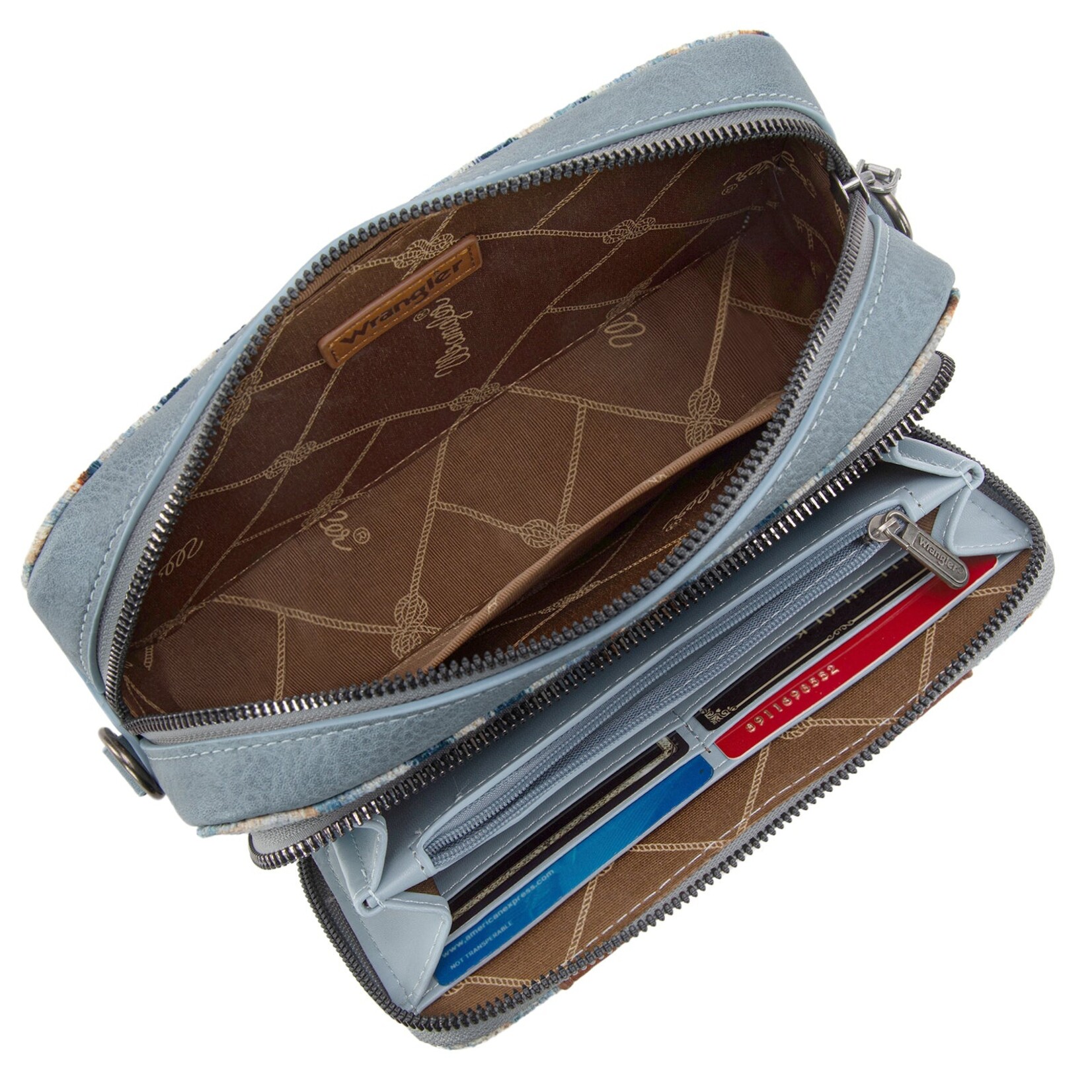 Wrangler WG130-3003 - Navy - Wrangler Southwestern Pattern Dual Sided Print Crossbody Purse With Wallet Compartment