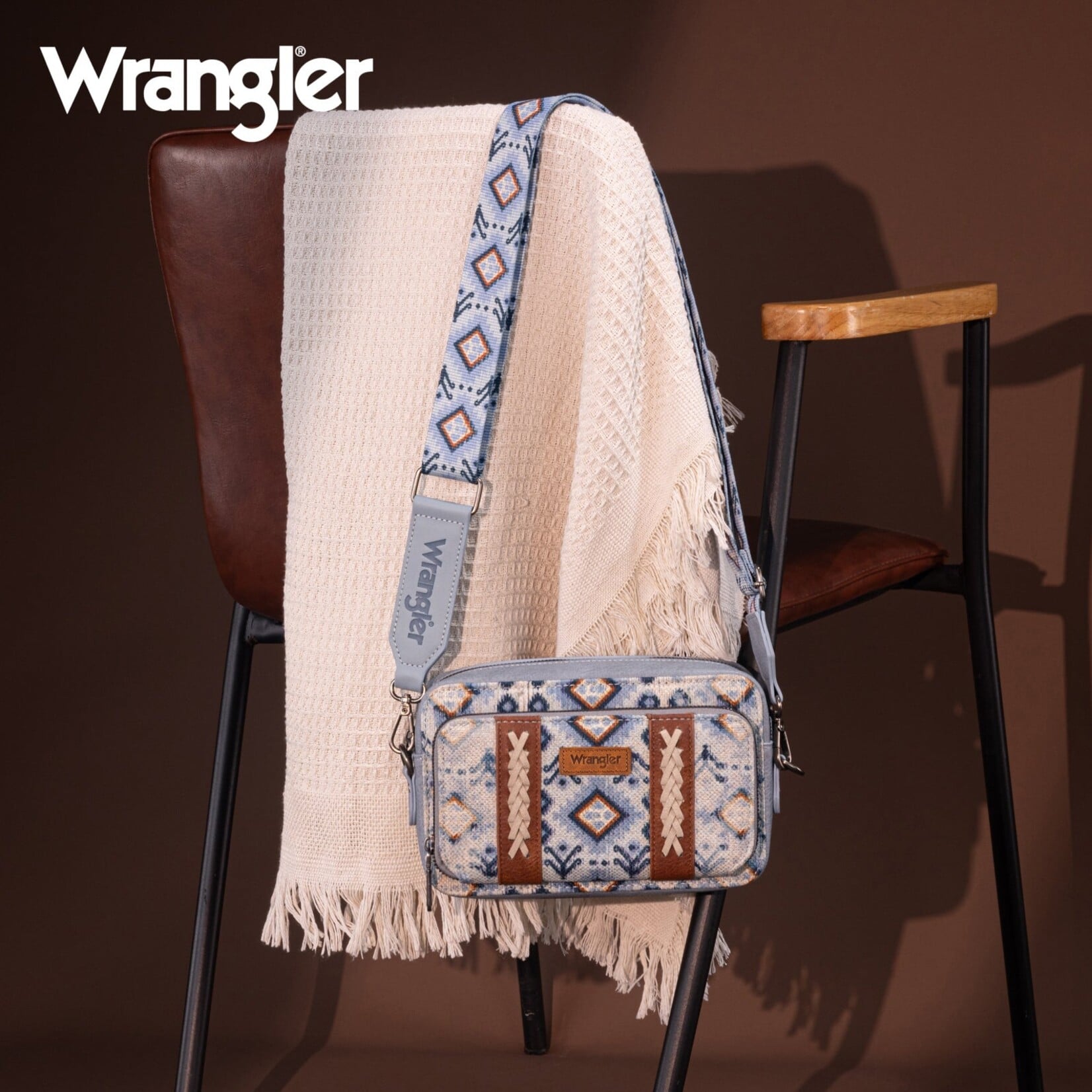 Wrangler WG130-3003 - Navy - Wrangler Southwestern Pattern Dual Sided Print Crossbody Purse With Wallet Compartment