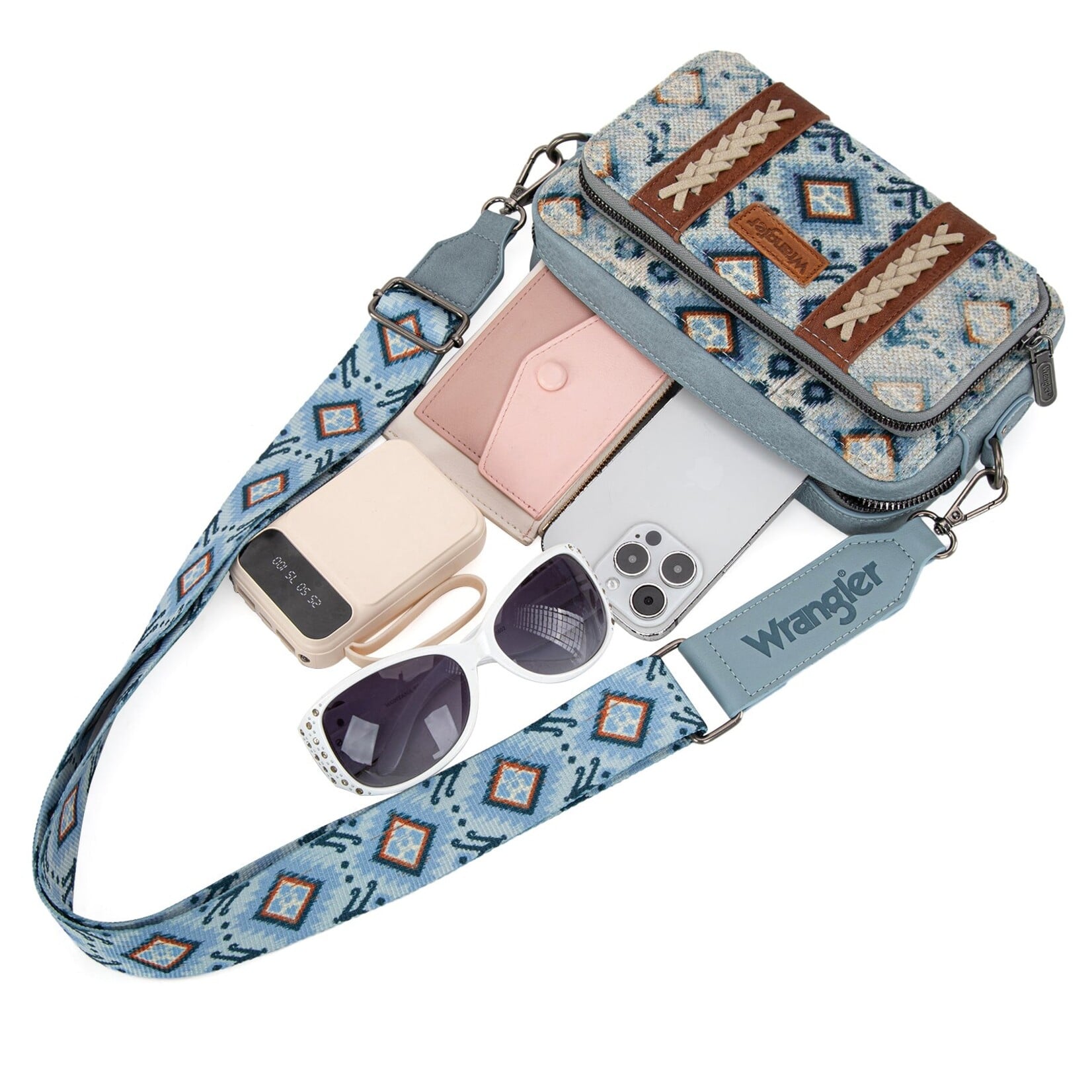 Wrangler WG130-3003 - Navy - Wrangler Southwestern Pattern Dual Sided Print Crossbody Purse With Wallet Compartment