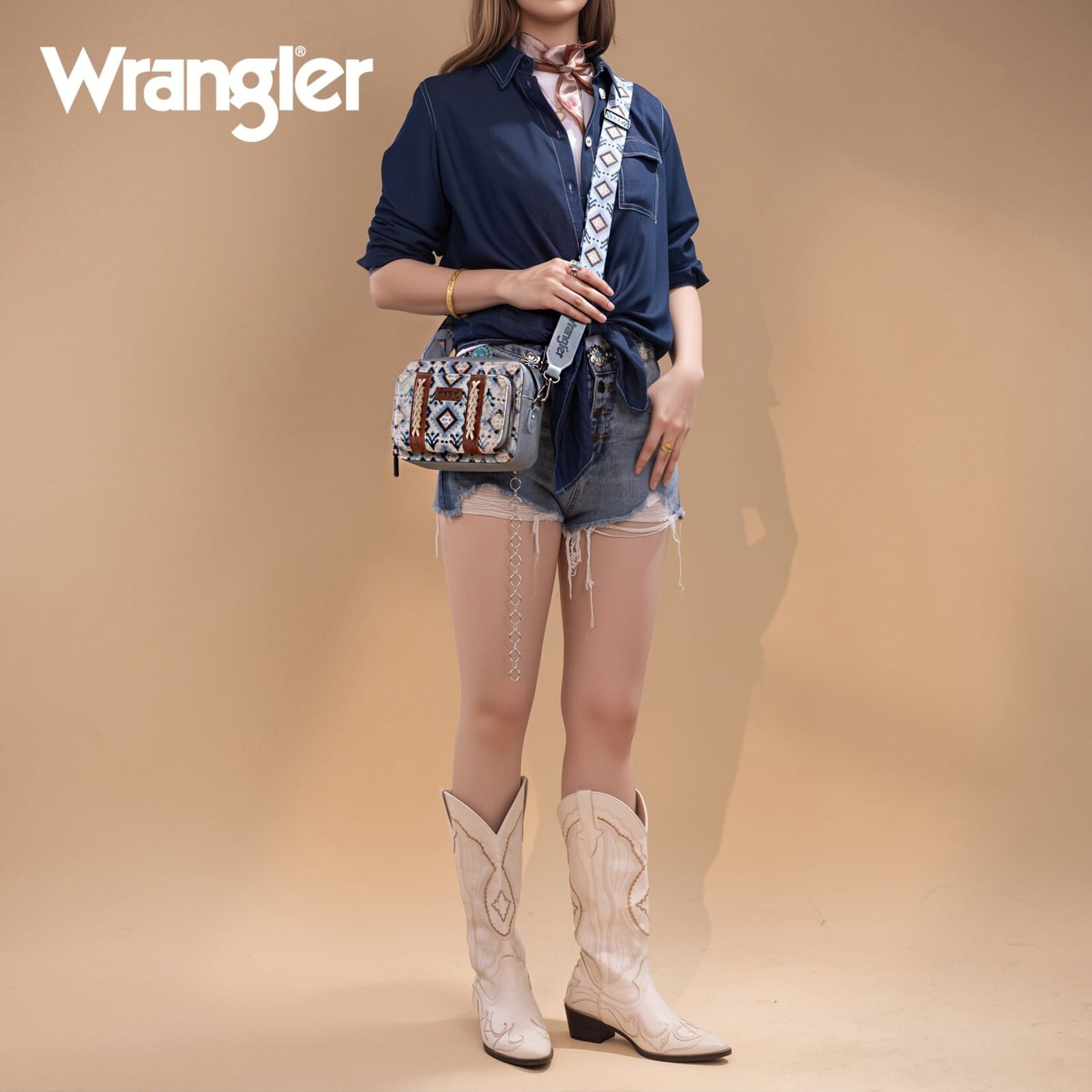 Wrangler WG130-3003 - Navy - Wrangler Southwestern Pattern Dual Sided Print Crossbody Purse With Wallet Compartment
