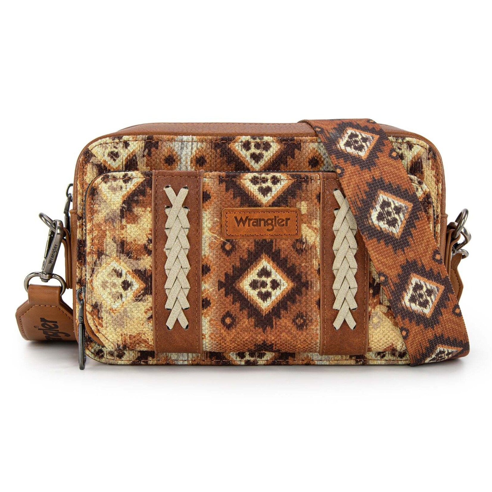 Wrangler WG130-3003 - Light Brown - Wrangler Southwestern Pattern Dual Sided Print Crossbody Purse With Wallet Compartment