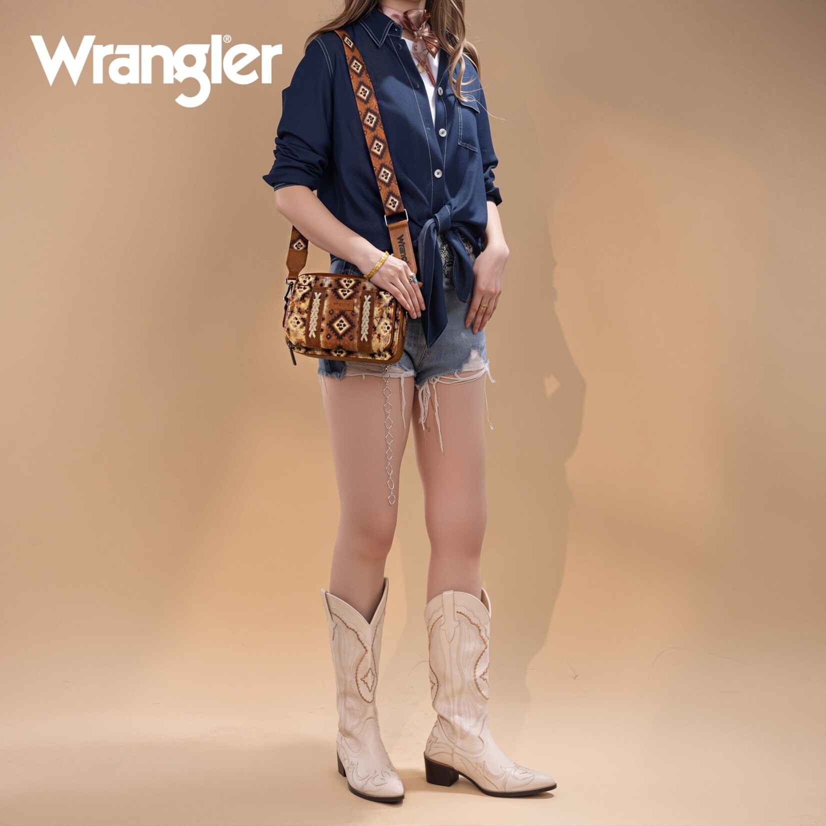 Wrangler WG130-3003 - Light Brown - Wrangler Southwestern Pattern Dual Sided Print Crossbody Purse With Wallet Compartment