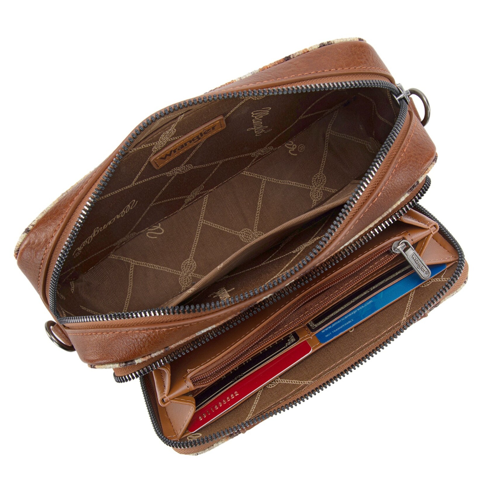 Wrangler WG130-3003 - Light Brown - Wrangler Southwestern Pattern Dual Sided Print Crossbody Purse With Wallet Compartment