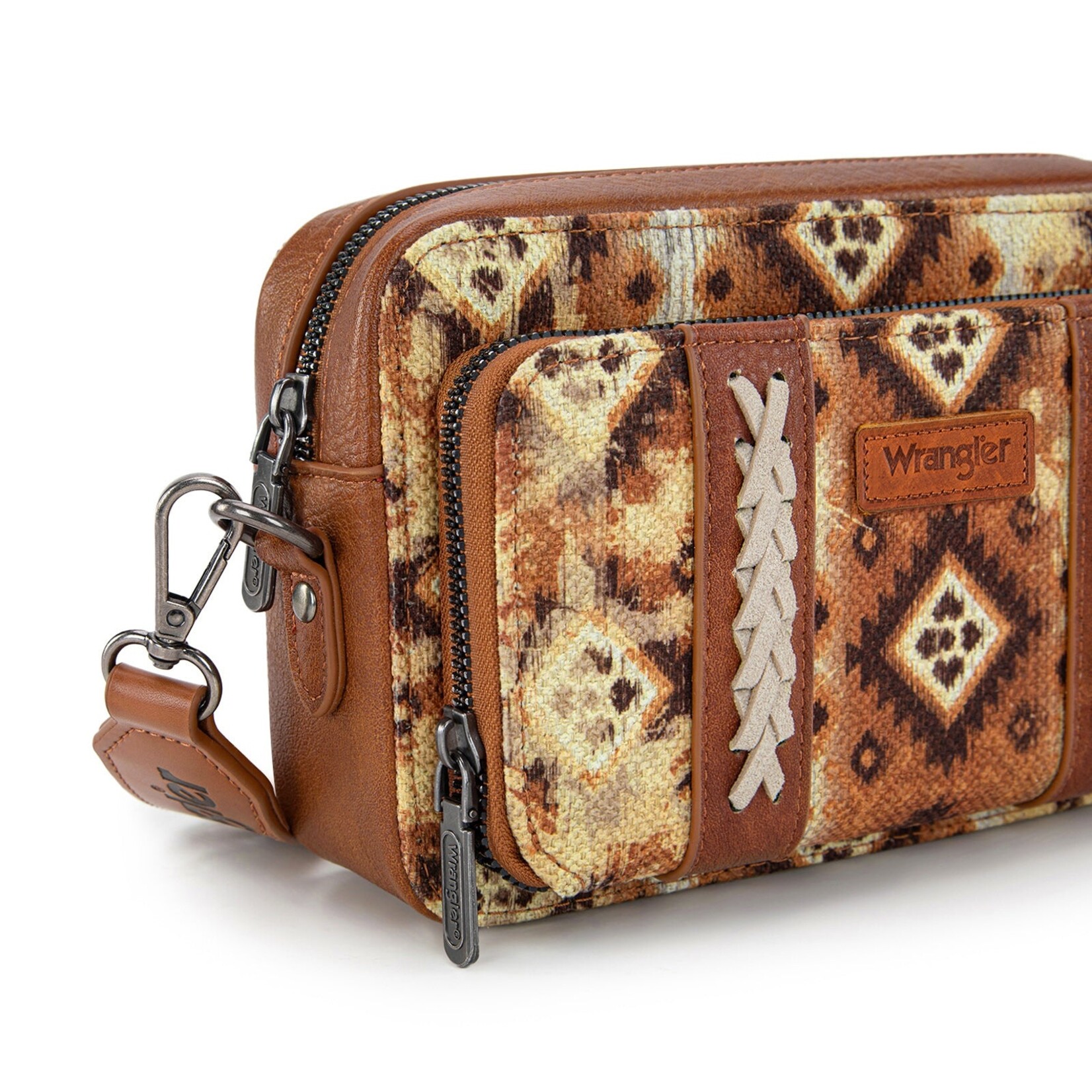 Wrangler WG130-3003 - Light Brown - Wrangler Southwestern Pattern Dual Sided Print Crossbody Purse With Wallet Compartment
