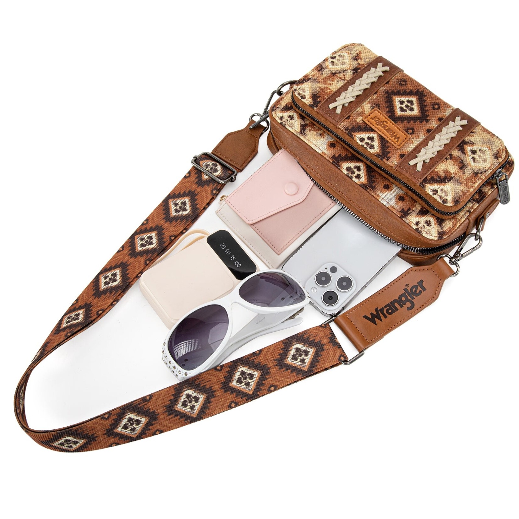 Wrangler WG130-3003 - Light Brown - Wrangler Southwestern Pattern Dual Sided Print Crossbody Purse With Wallet Compartment