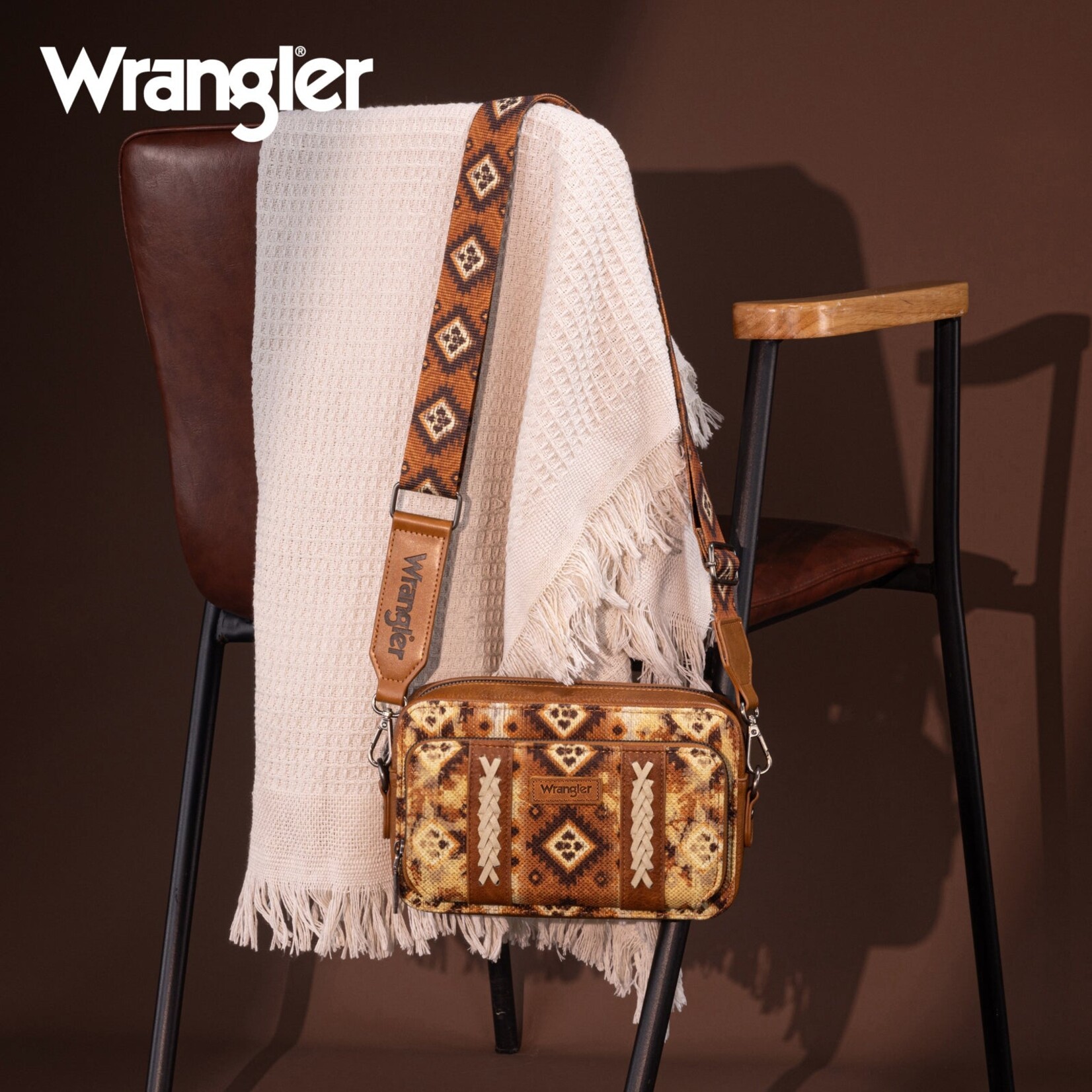 Wrangler WG130-3003 - Light Brown - Wrangler Southwestern Pattern Dual Sided Print Crossbody Purse With Wallet Compartment