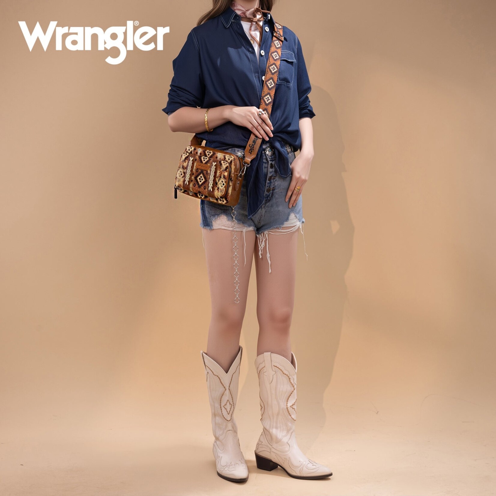 Wrangler WG130-3003 - Light Brown - Wrangler Southwestern Pattern Dual Sided Print Crossbody Purse With Wallet Compartment