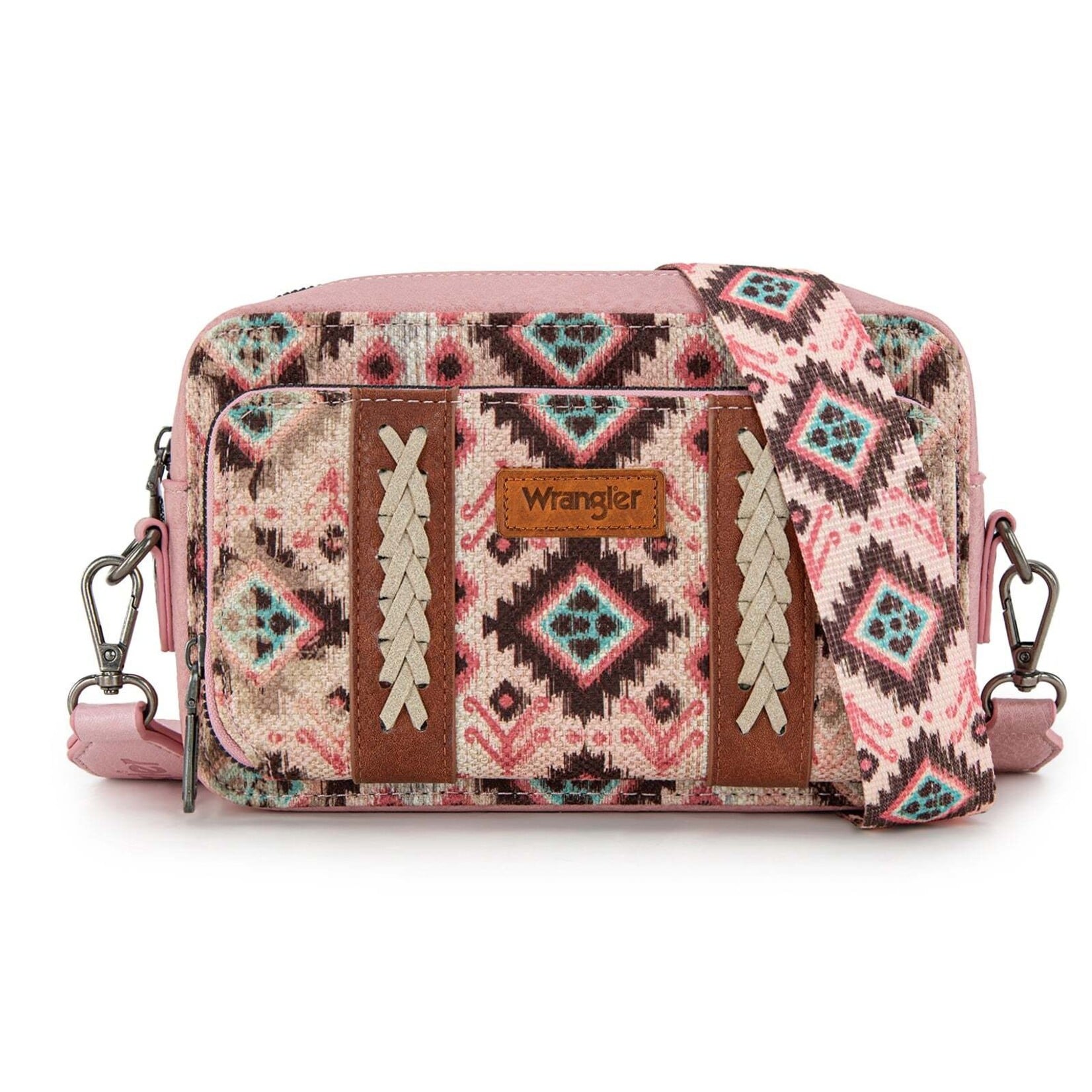 Wrangler WG130-3003 - Dark Pink - Wrangler Southwestern Pattern Dual Sided Print Crossbody Purse With Wallet Compartment