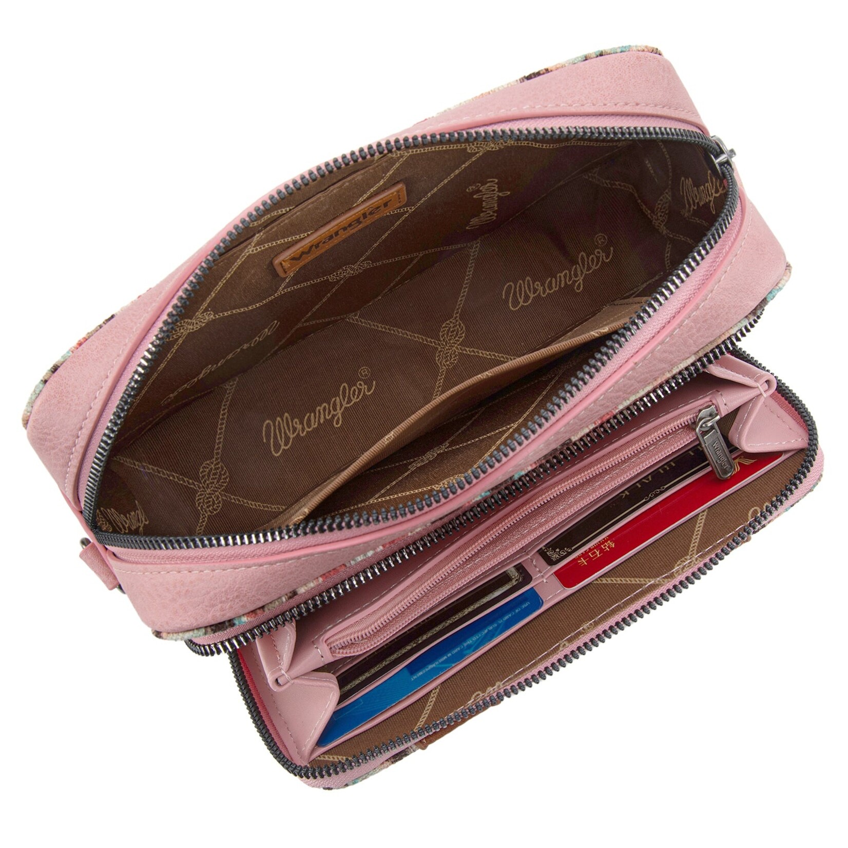 Wrangler WG130-3003 - Dark Pink - Wrangler Southwestern Pattern Dual Sided Print Crossbody Purse With Wallet Compartment