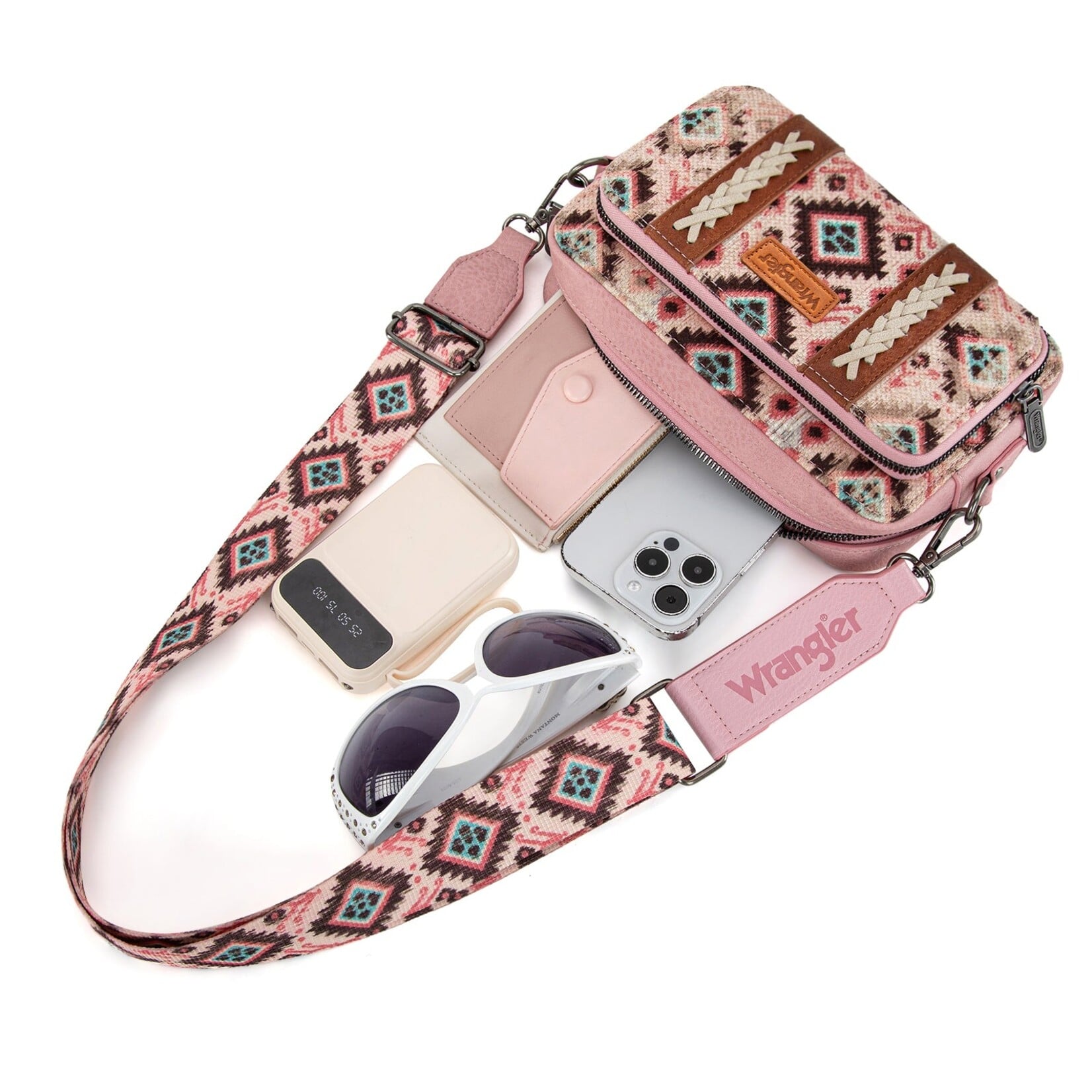 Wrangler WG130-3003 - Dark Pink - Wrangler Southwestern Pattern Dual Sided Print Crossbody Purse With Wallet Compartment