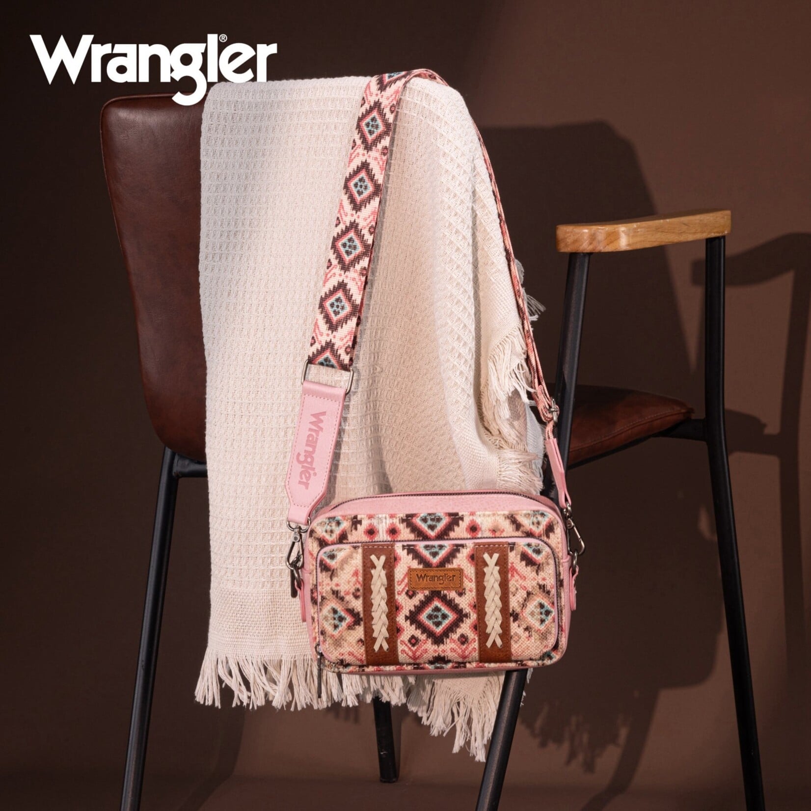 Wrangler WG130-3003 - Dark Pink - Wrangler Southwestern Pattern Dual Sided Print Crossbody Purse With Wallet Compartment