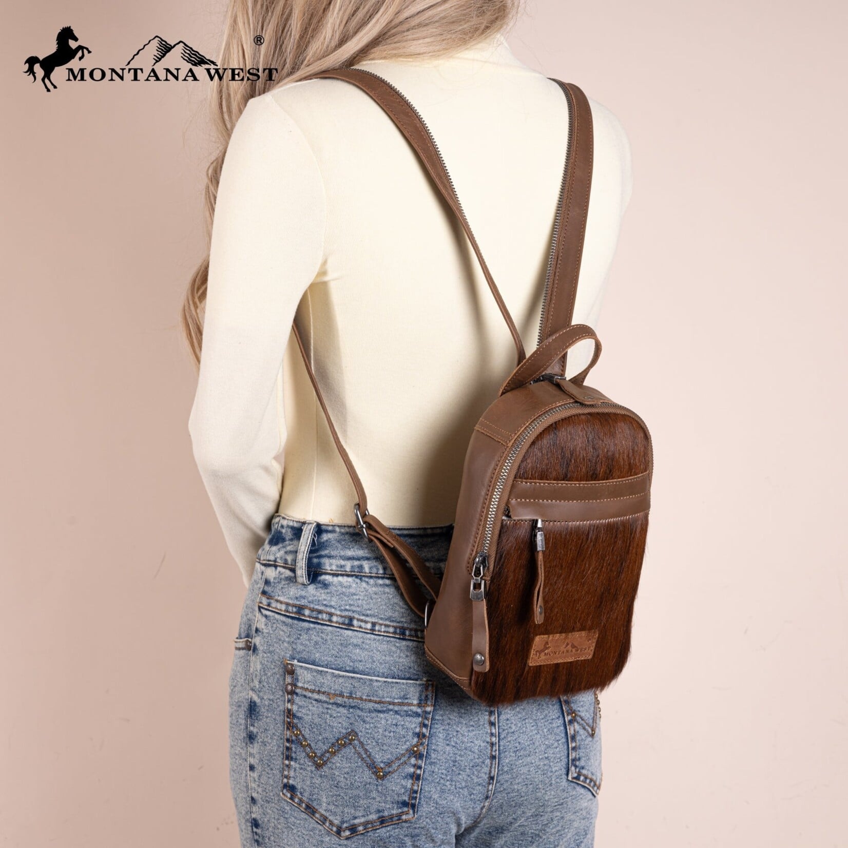 Montana West Inc MWR-066 - Brown - MW Genuine Hair-On Cowhide Convertible Sling Backpack