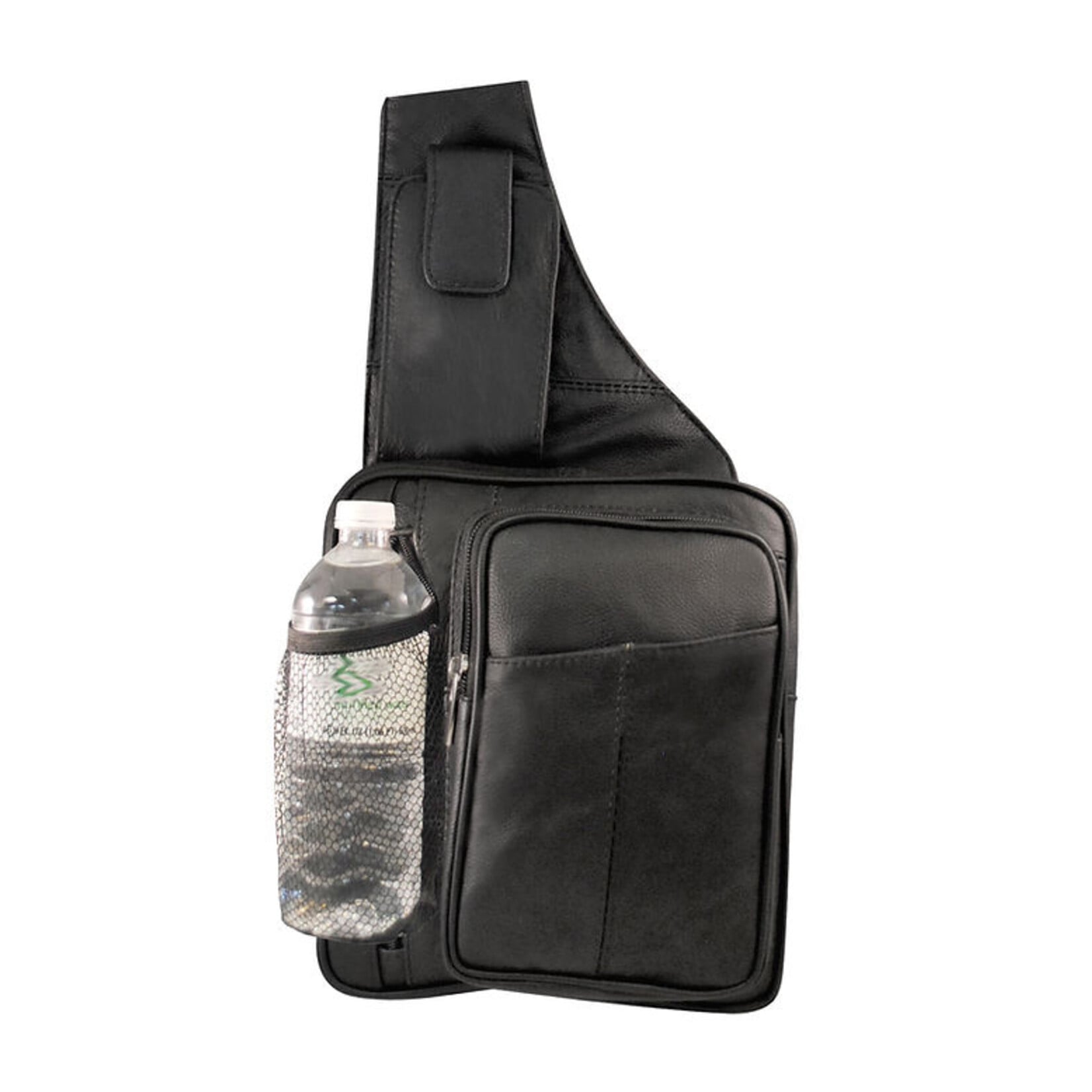 R Leathers RM001 BK - Black - Cowhide Sling Purse w/Water Bottle & Phone Holder