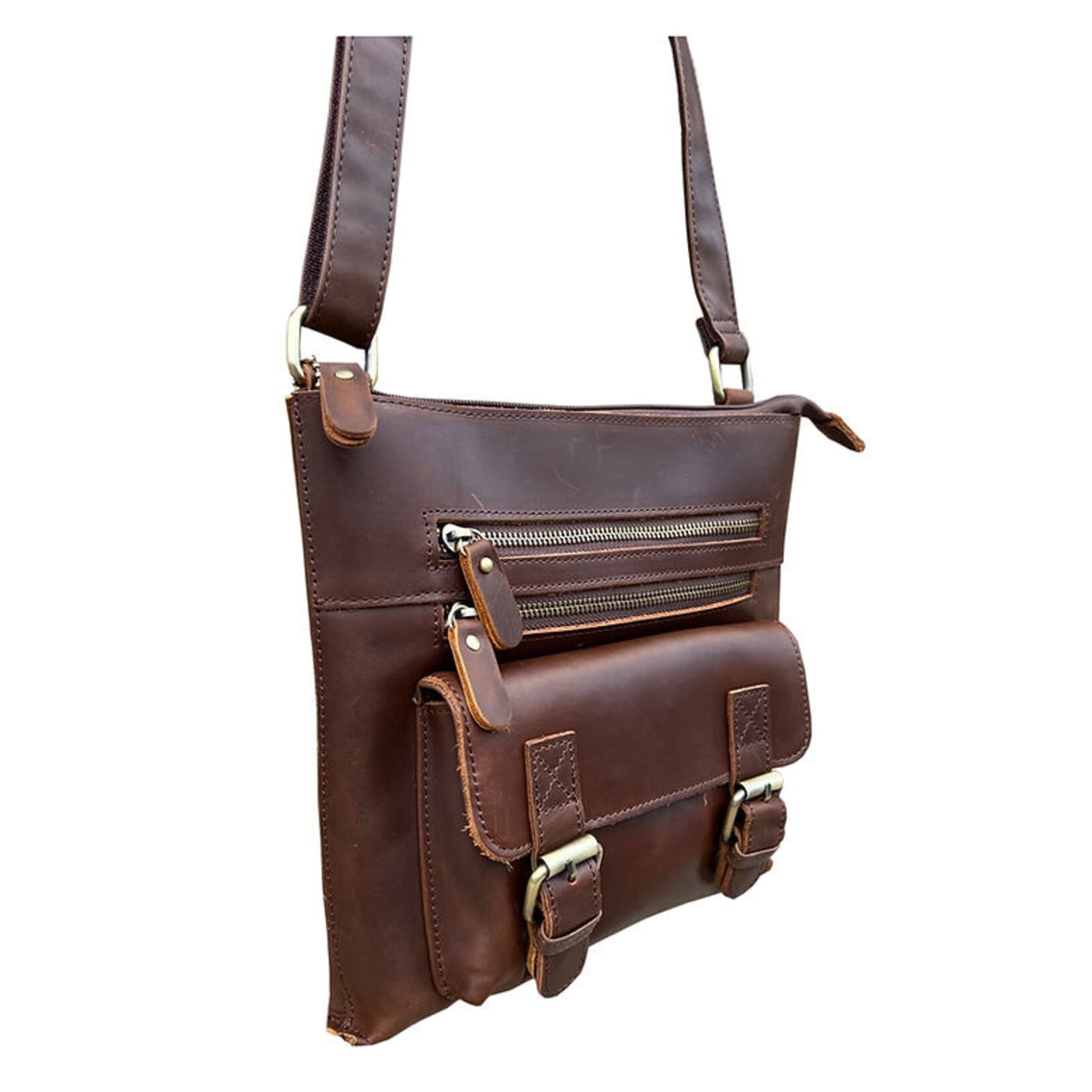 R Leathers W016 BN - Brown - Crazy Horse  Leather Crossbody Shoulder Bag