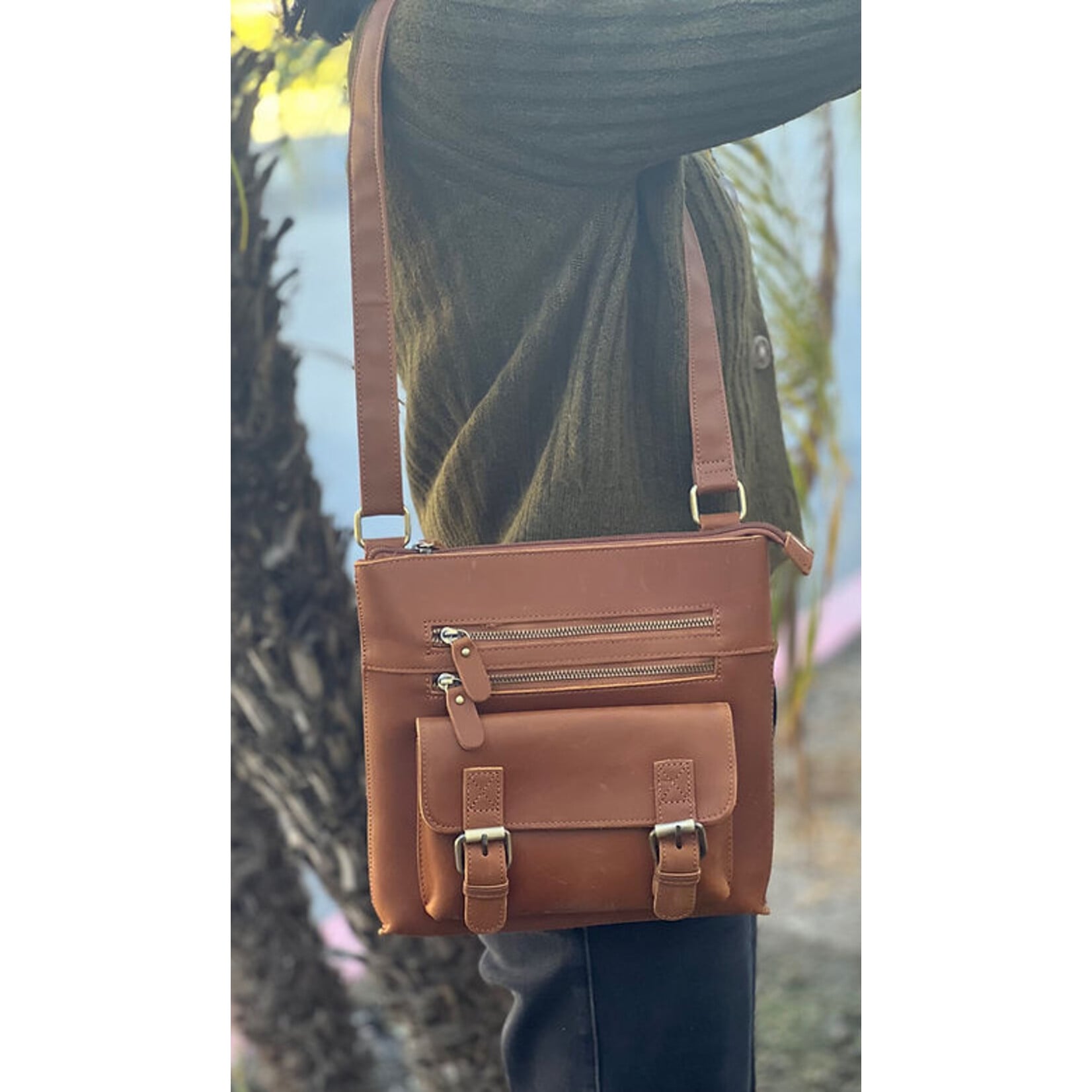 R Leathers W016 LBN - Light Brown - Crazy Horse  Leather Crossbody Shoulder Bag
