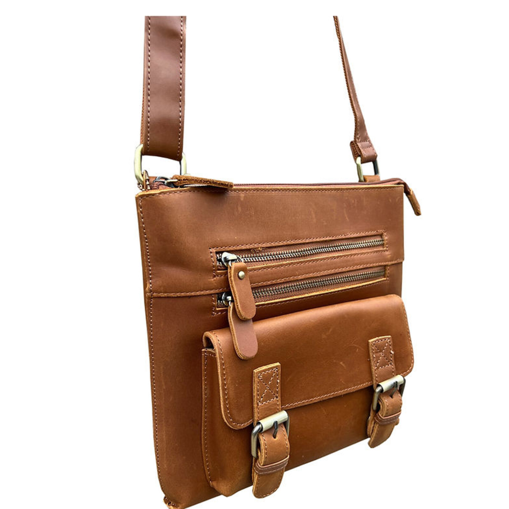R Leathers W016 LBN - Light Brown - Crazy Horse  Leather Crossbody Shoulder Bag