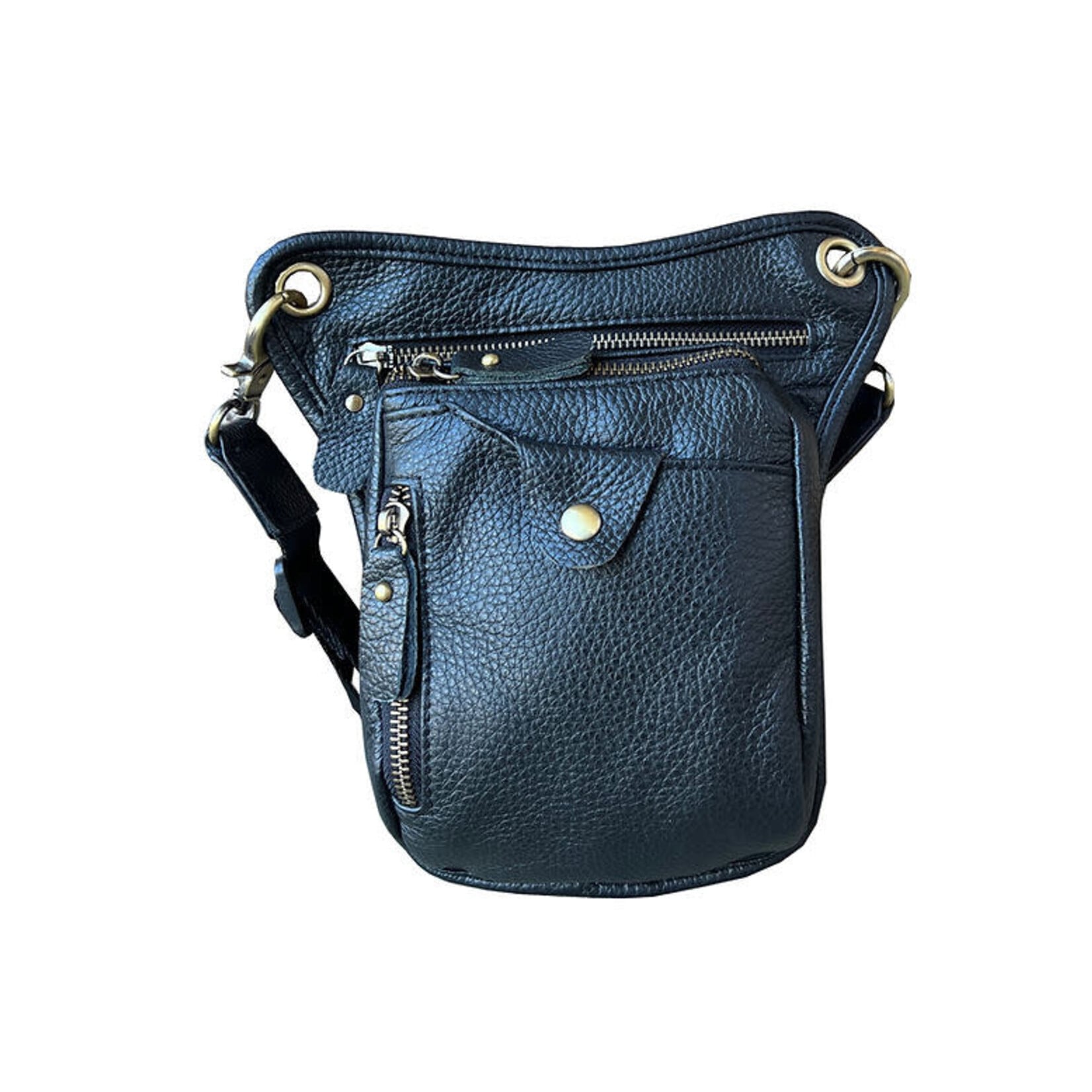 R Leathers W027 BK - Cowhide Crossbody Shoulder Bag / Fanny Pack / Leg Bag - Black