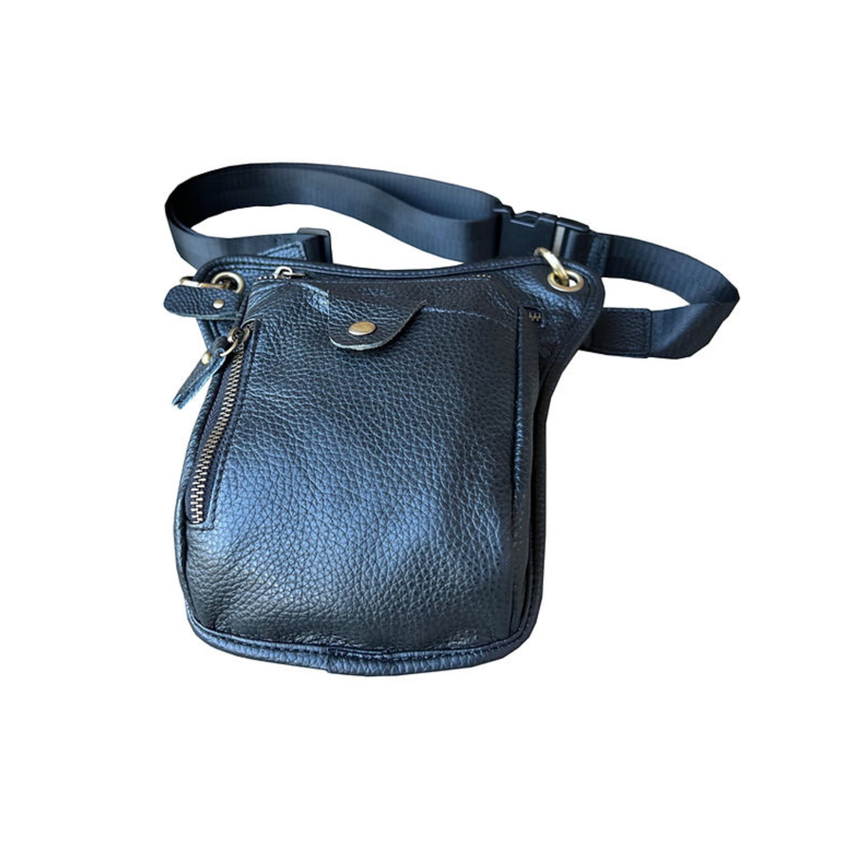 R Leathers W027 BK - Cowhide Crossbody Shoulder Bag / Fanny Pack / Leg Bag - Black