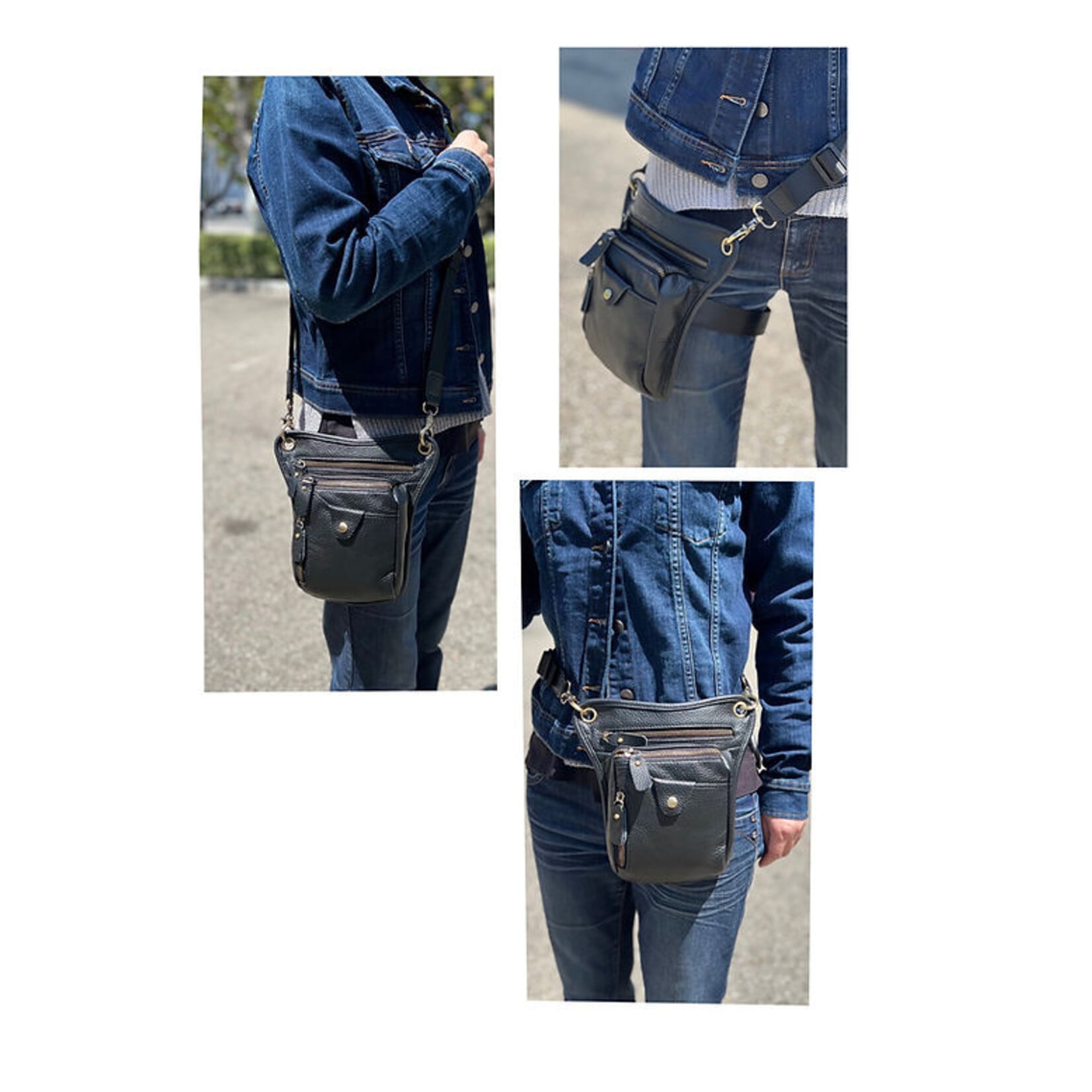 R Leathers W027 BK - Cowhide Crossbody Shoulder Bag / Fanny Pack / Leg Bag - Black