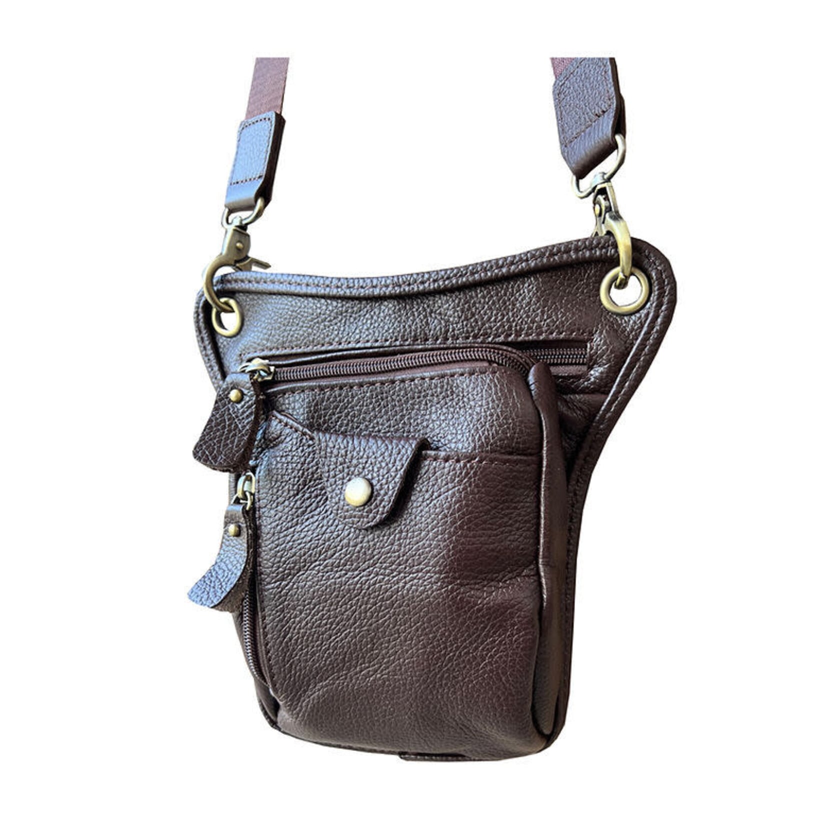 R Leathers W027 BN - Cowhide Crossbody Shoulder Bag / Fanny Pack / Leg Bag - Brown