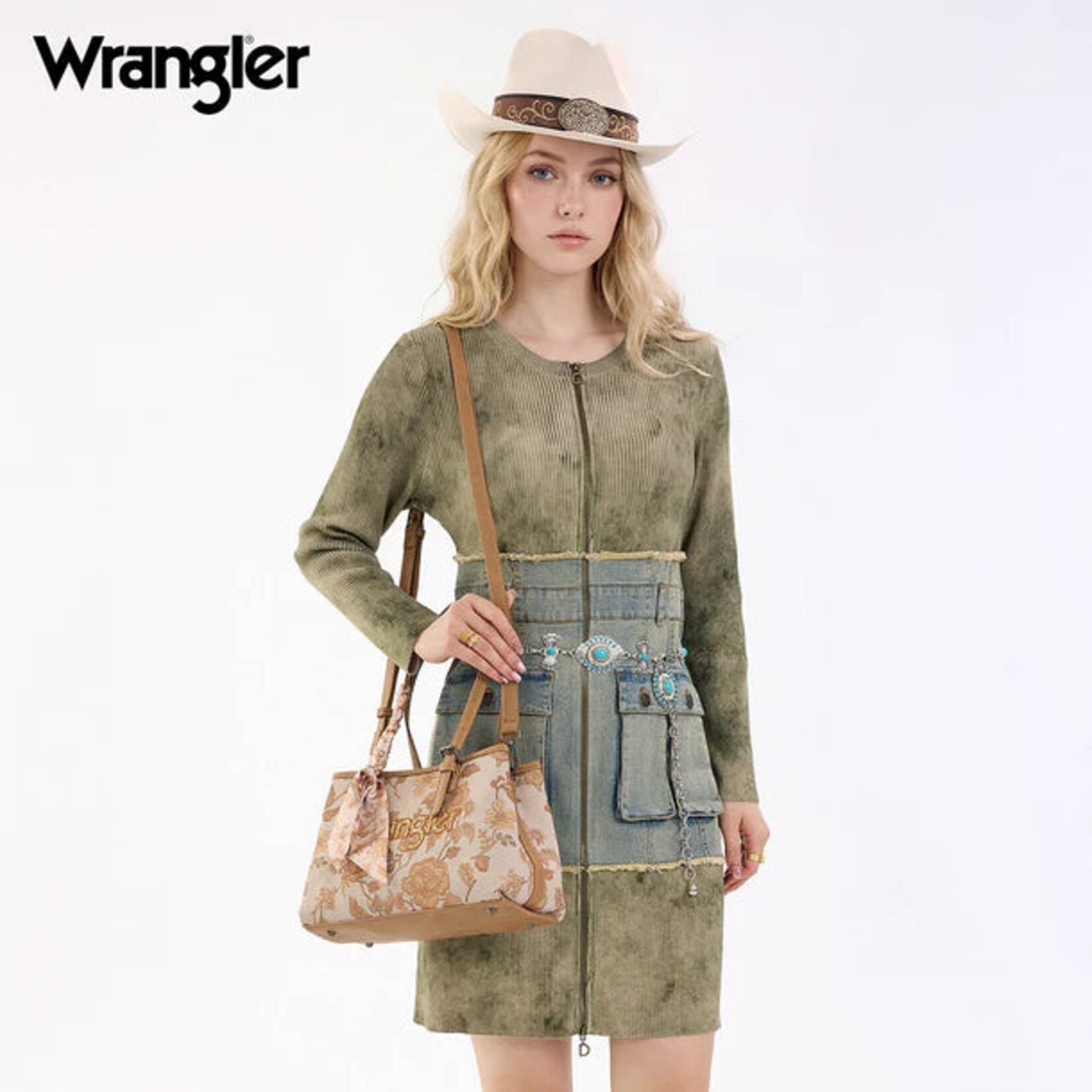 Wrangler WG510-8130GD - Gold - Wrangler Floral Braided Scarf Tote / Crossbody Bag