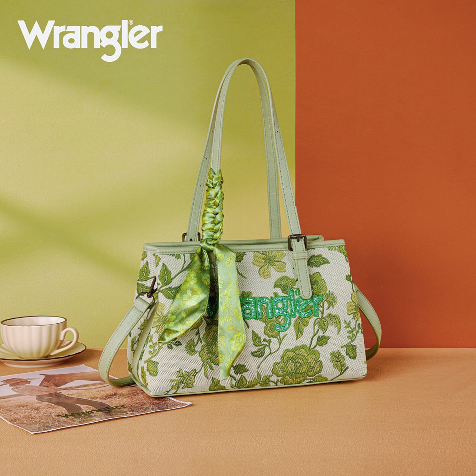 Wrangler WG510-8130GN - Green - Wrangler Floral Braided Scarf Tote / Crossbody Bag