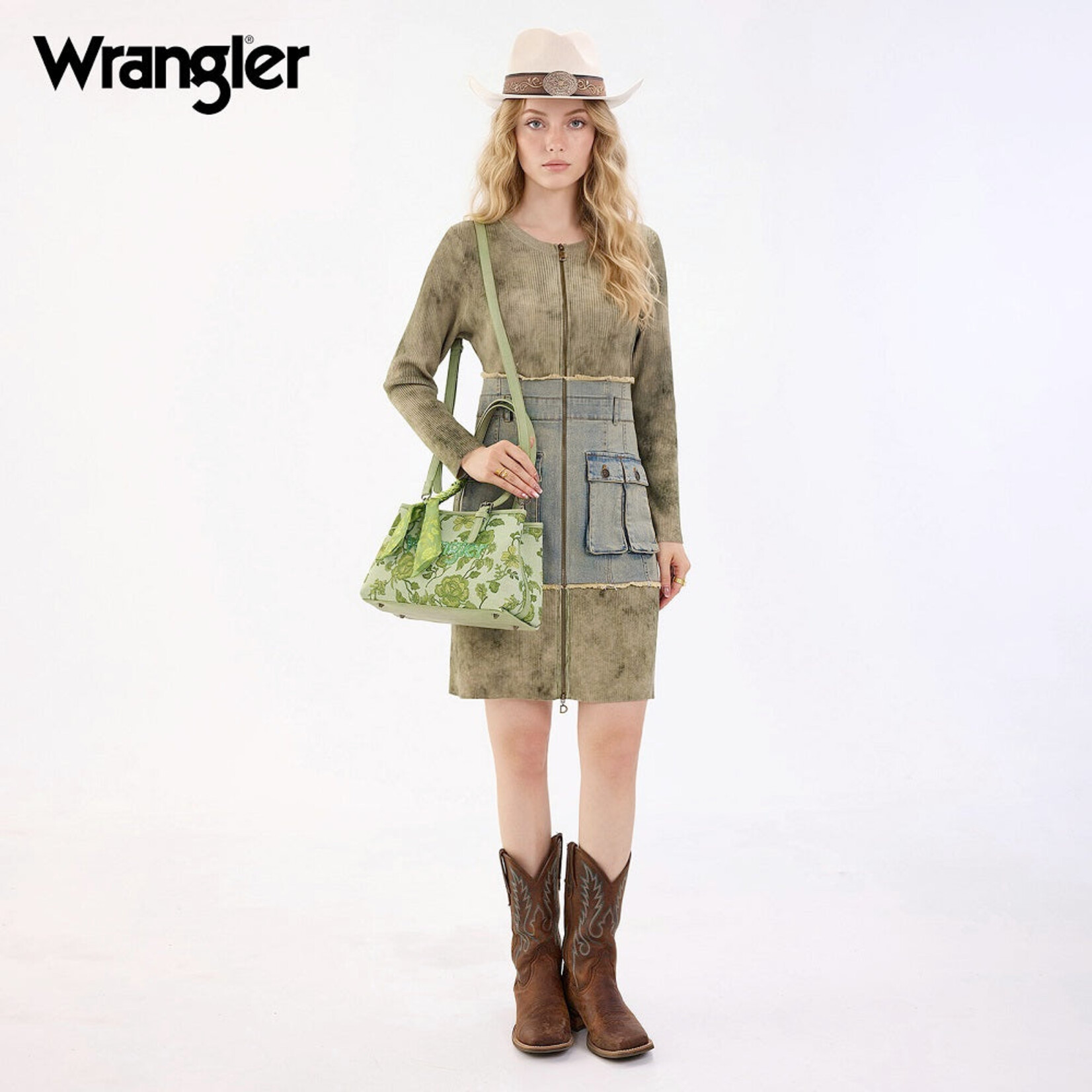 Wrangler WG510-8130GN - Green - Wrangler Floral Braided Scarf Tote / Crossbody Bag