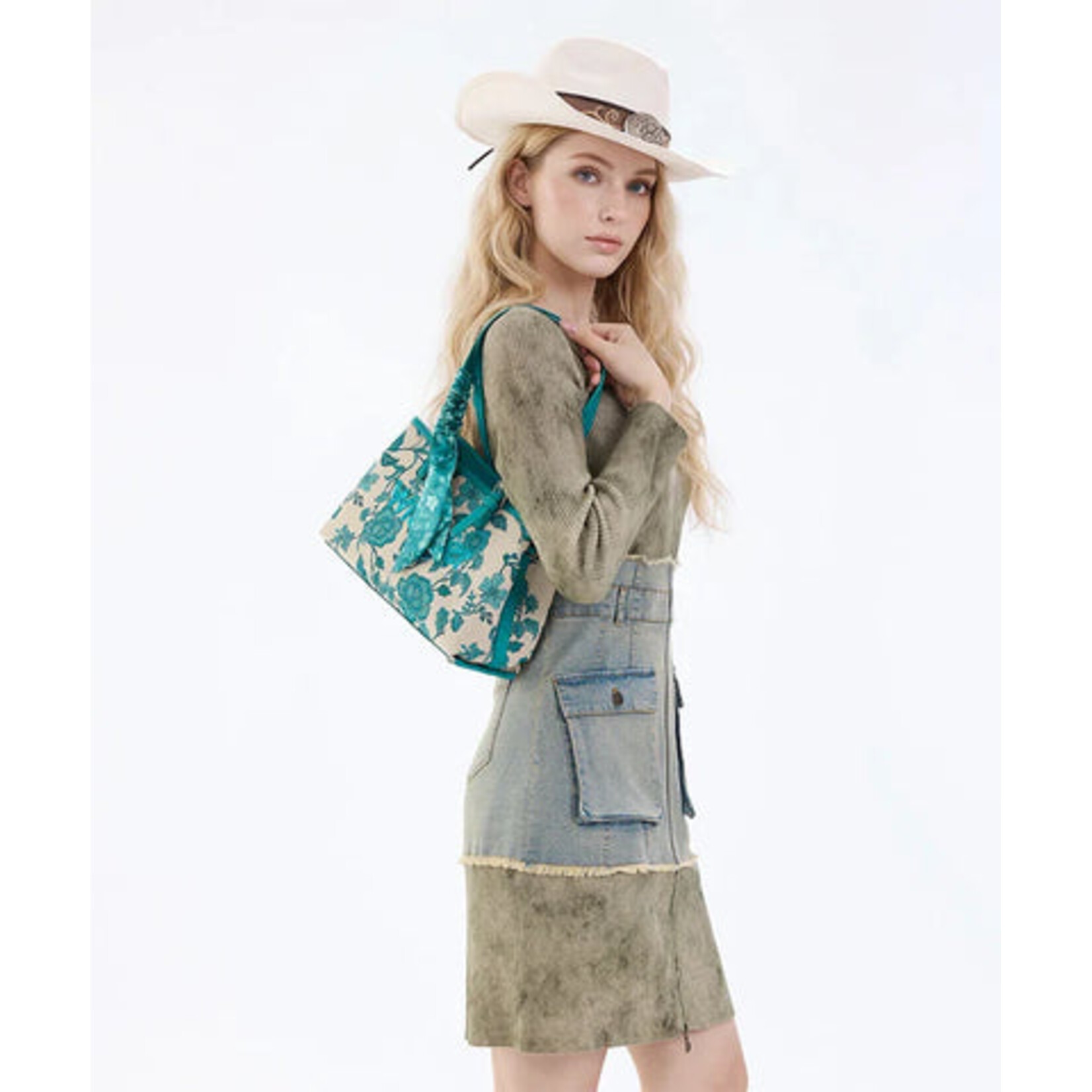 Wrangler WG510-8130TQ - Turquoise - Wrangler Floral Braided Scarf Tote / Crossbody Bag