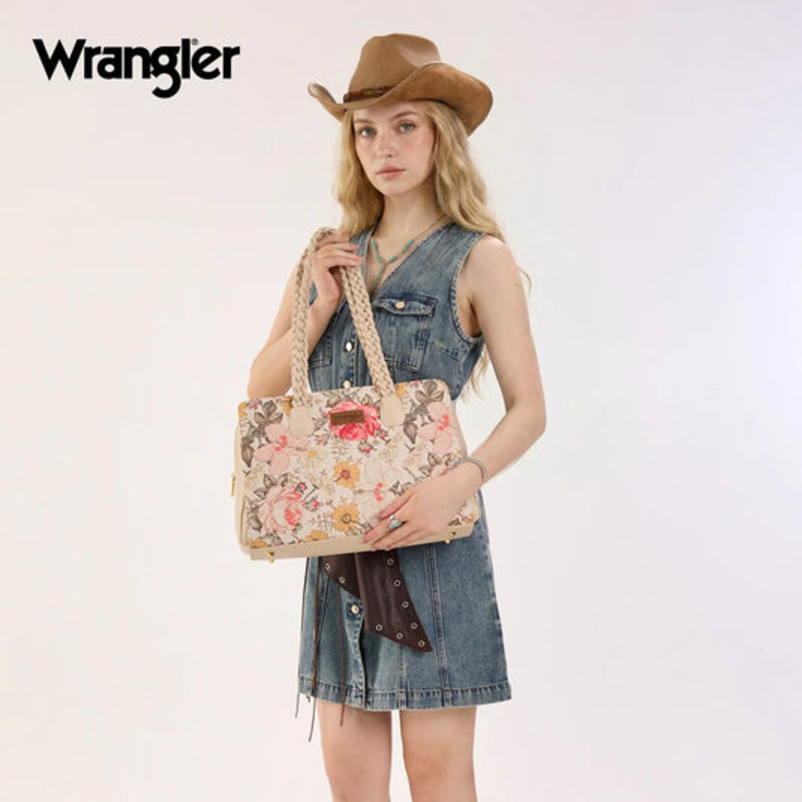 Wrangler WG438-8130TN - Tan - Wrangler Floral Print Braided Satchel Bag