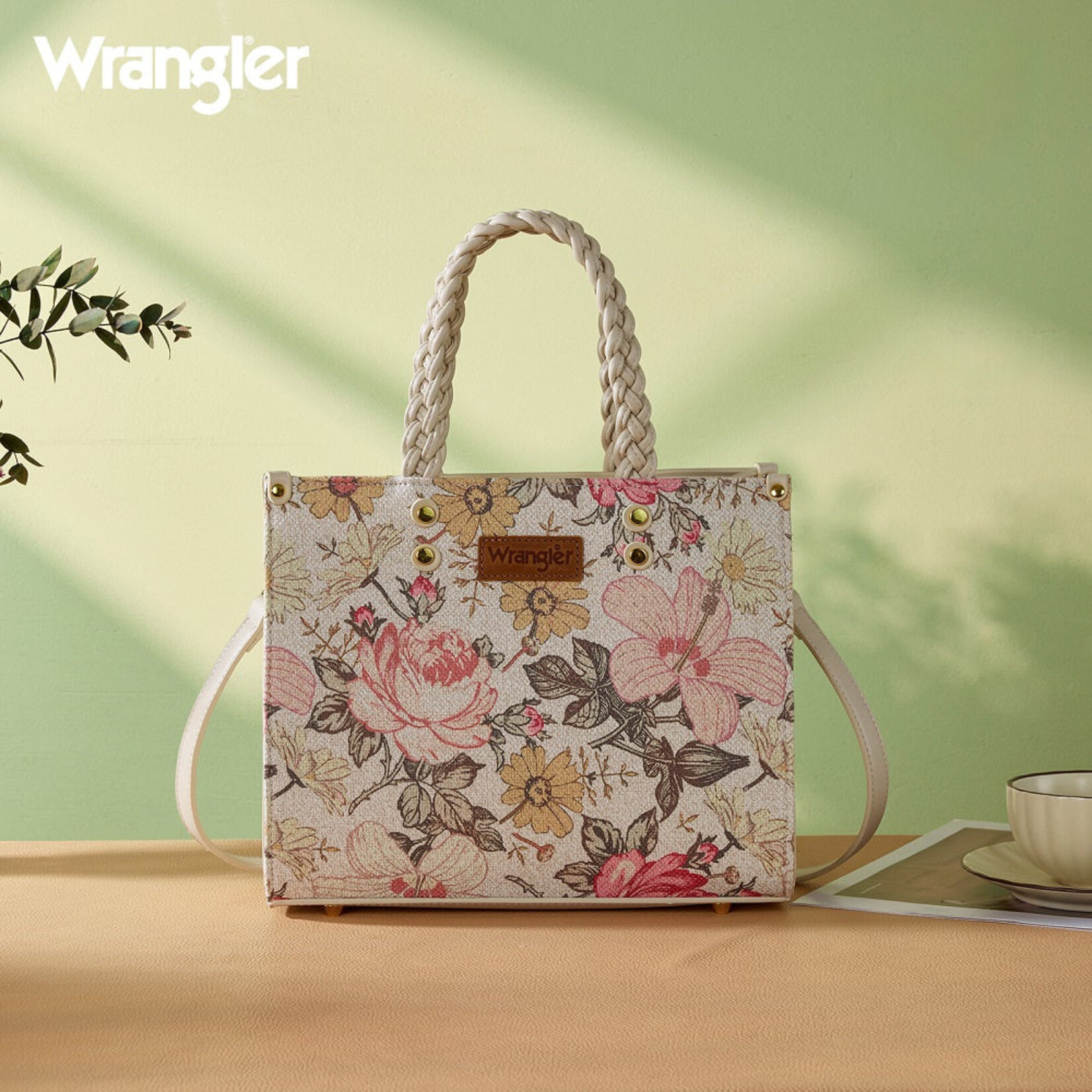 Wrangler WG438-8120TN - Tan - Wrangler Floral Print Braided Tote