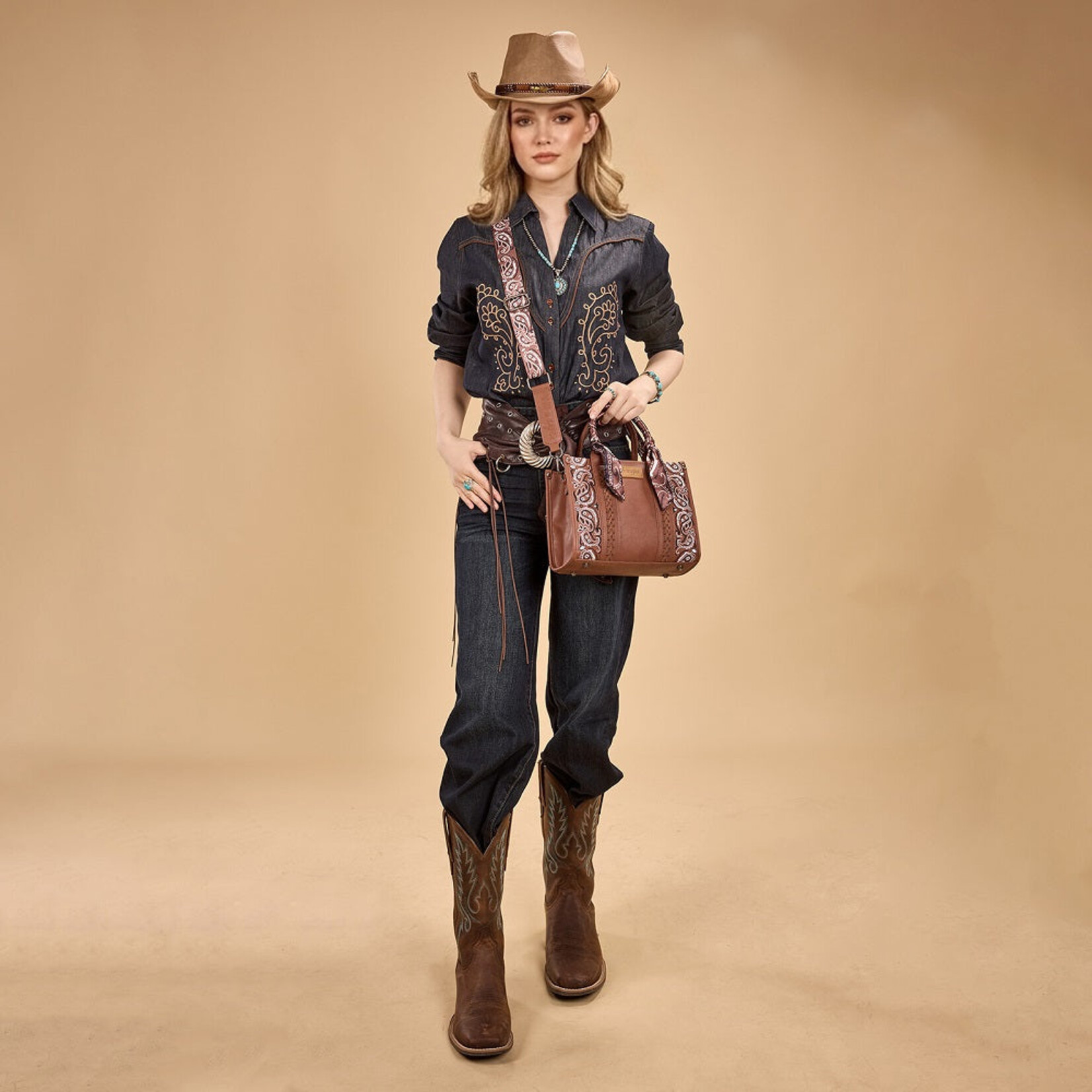 Wrangler WG331-8120SBR - Brown - Wrangler Bandana Tote/Crossbody
